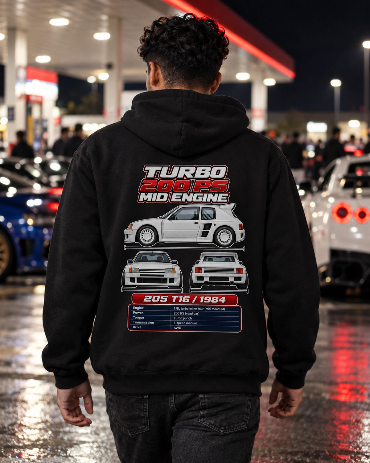 Peugeot 205 Turbo 16 Spec Sheet Full-Back Graphic Tee Pull Over Hoodie Black worn hero