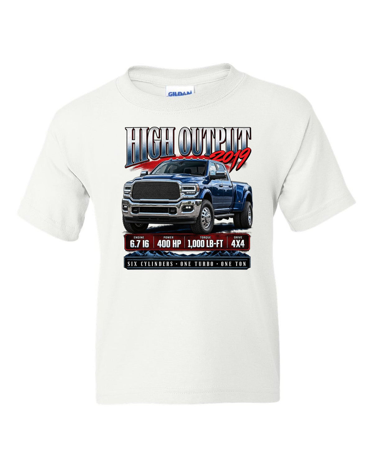 Archive panel of a 2019 Ram 3500 5th gen High Output 6.7 with 400 HP and 1,000 lb-ft white kids tee front view with the design