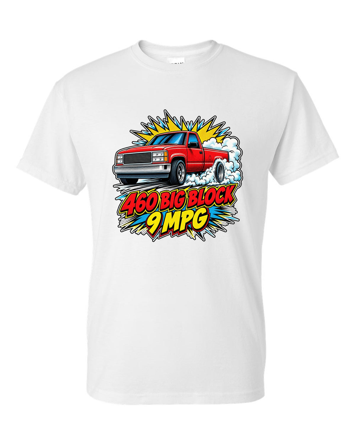Comic halftone pop-art print of a 1992-97 Ford F-150 OBS burnout with 460 big block text white t-shirt front view with the design