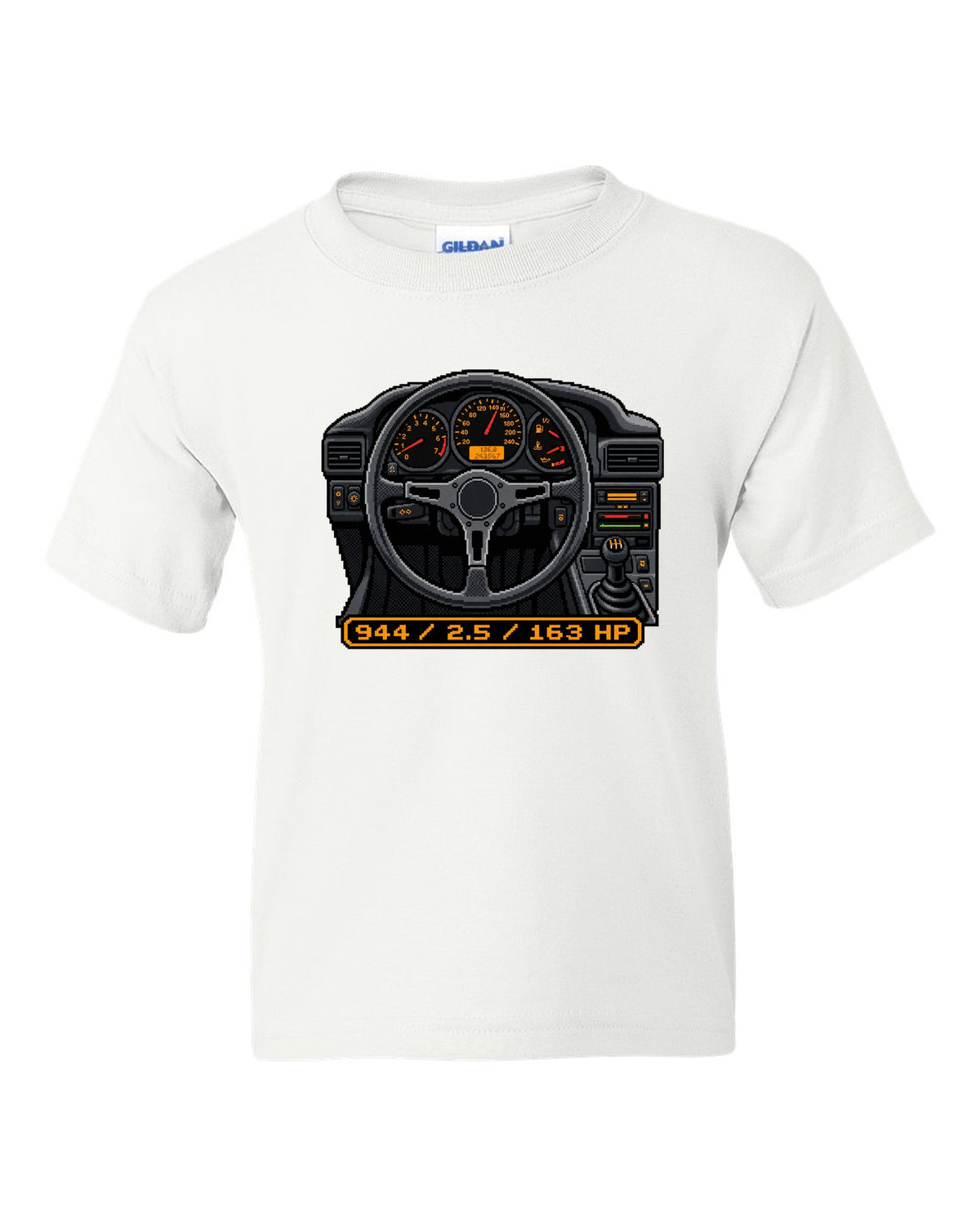 Dot-matrix pixel art of a Porsche 944 styled like a digital dash display white kids tee front view with the design