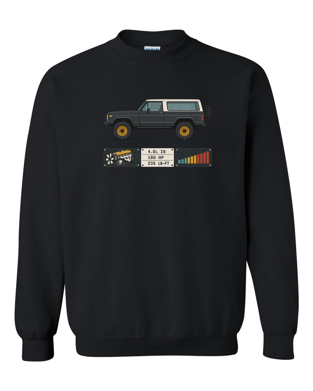 Jeep Wrangler LJ Unlimited spec sheet data plate design with 4.0L I6 190 HP 235 lb-ft black crewneck front view with the design