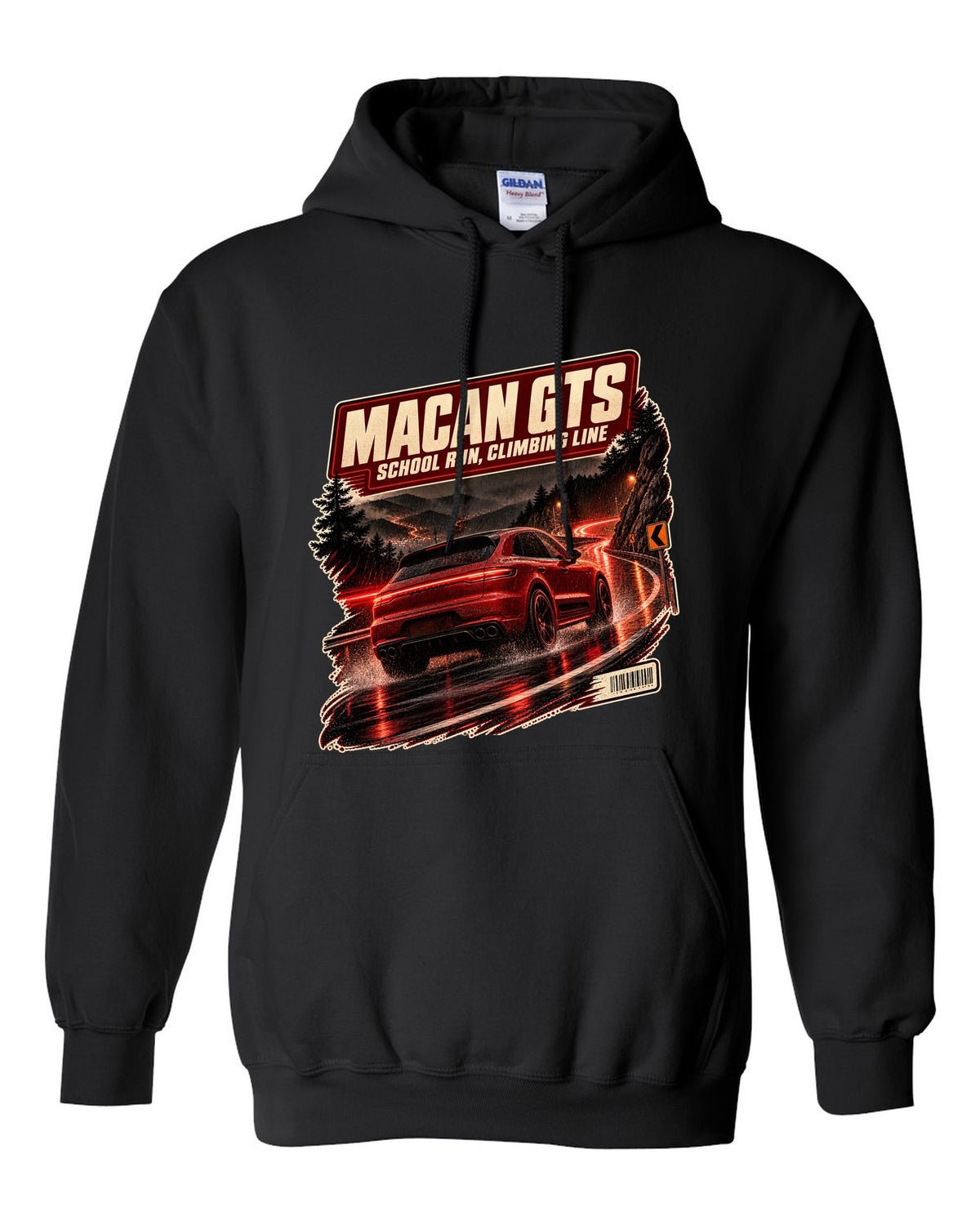 Wet mountain road print of a low front three-quarter Porsche Macan GTS 95B black pull over hoodie front view with the design
