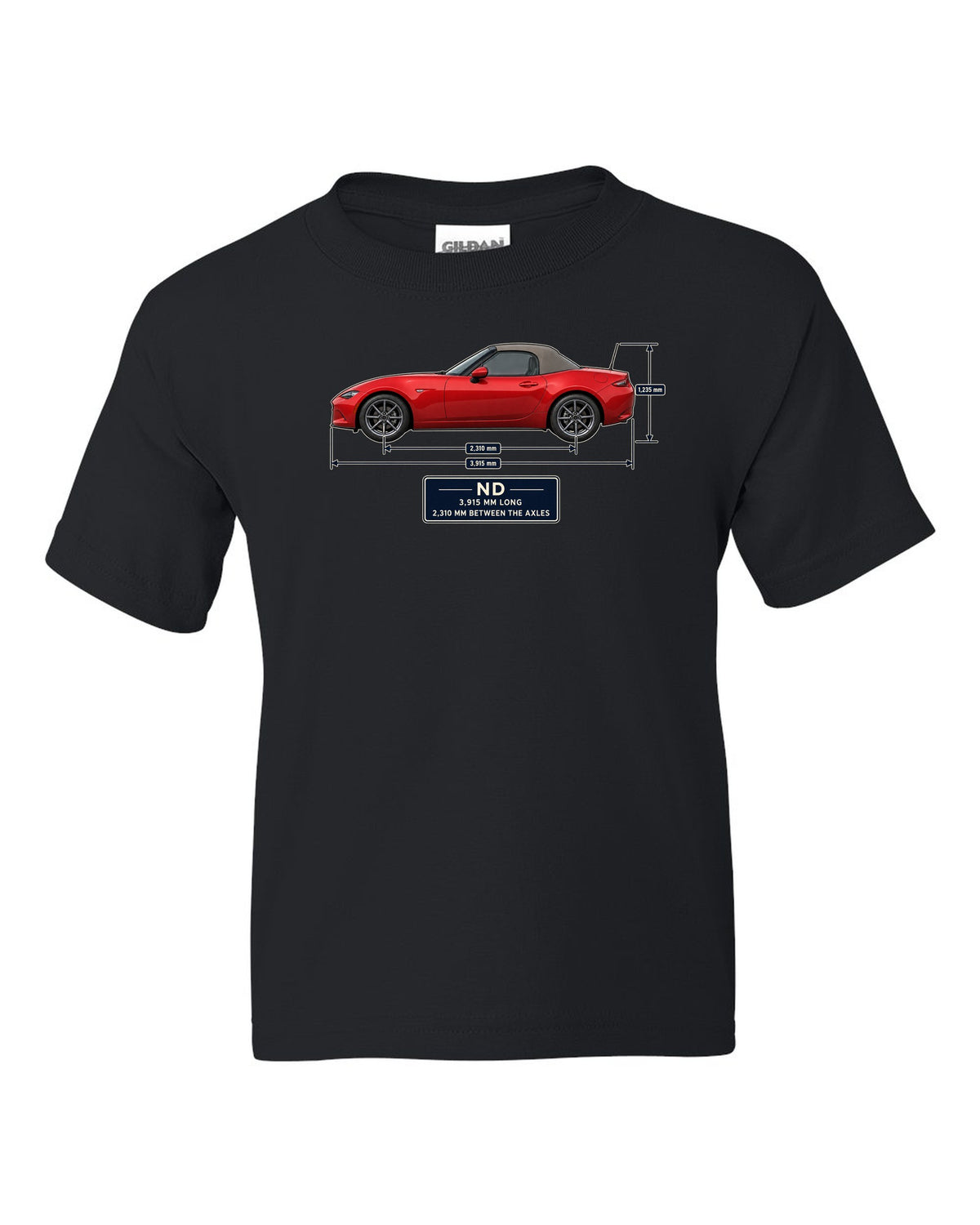 Blueprint-style dimension drawing of a 2016 Mazda MX-5 ND1 soft top in Soul Red black kids tee front view with the design