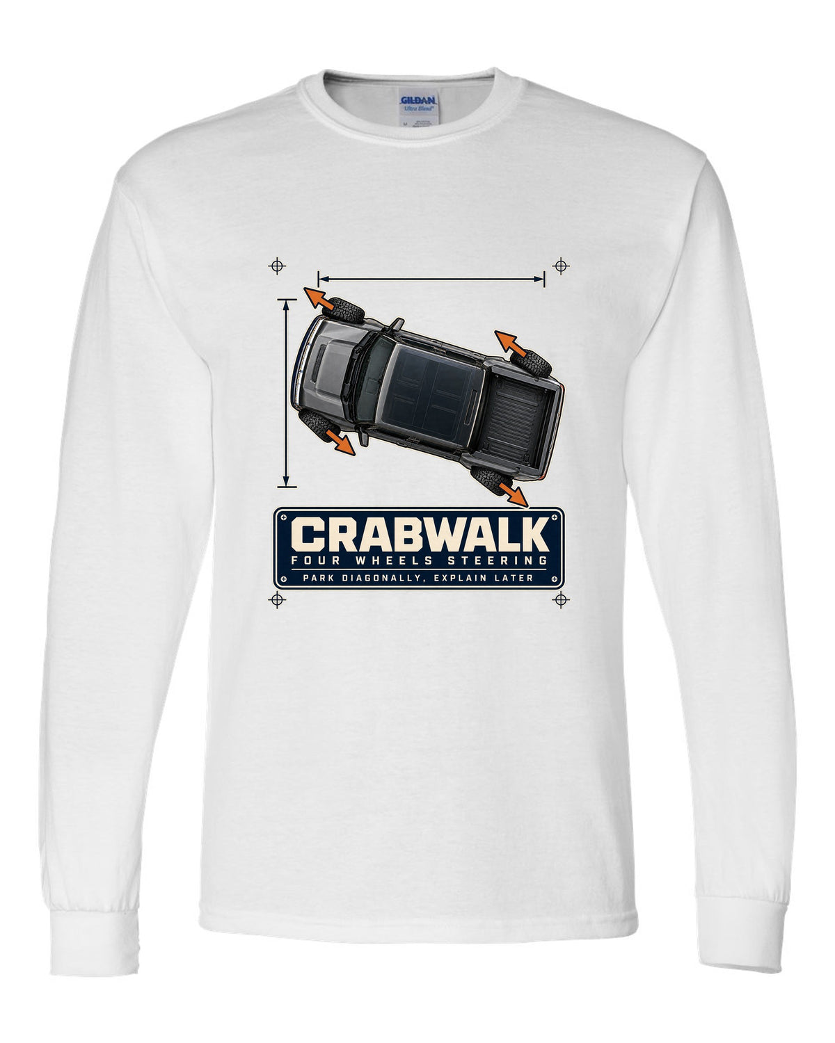 Top-view dimension blueprint print of a Hummer EV pickup showing CrabWalk diagonal steering white long sleeve front view with the design