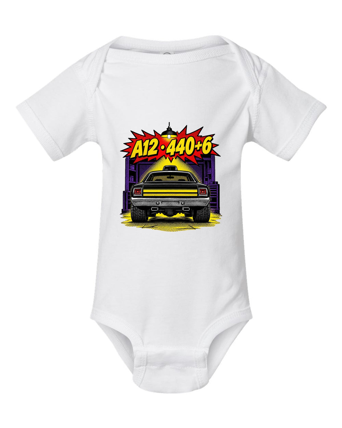 1969 Dodge Coronet Super Bee A12 comic halftone pop-art print with A12 440+6 text white baby onesie front view with the design