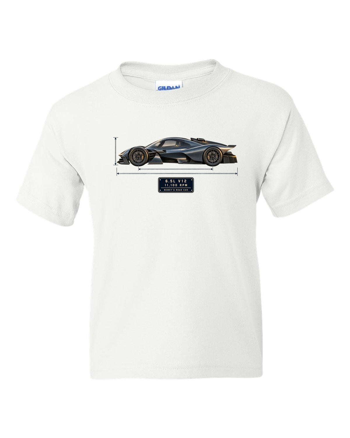 Aston Martin Valkyrie 2021 blueprint print with 6.5L V12 and 11,100 rpm lettering white kids tee front view with the design