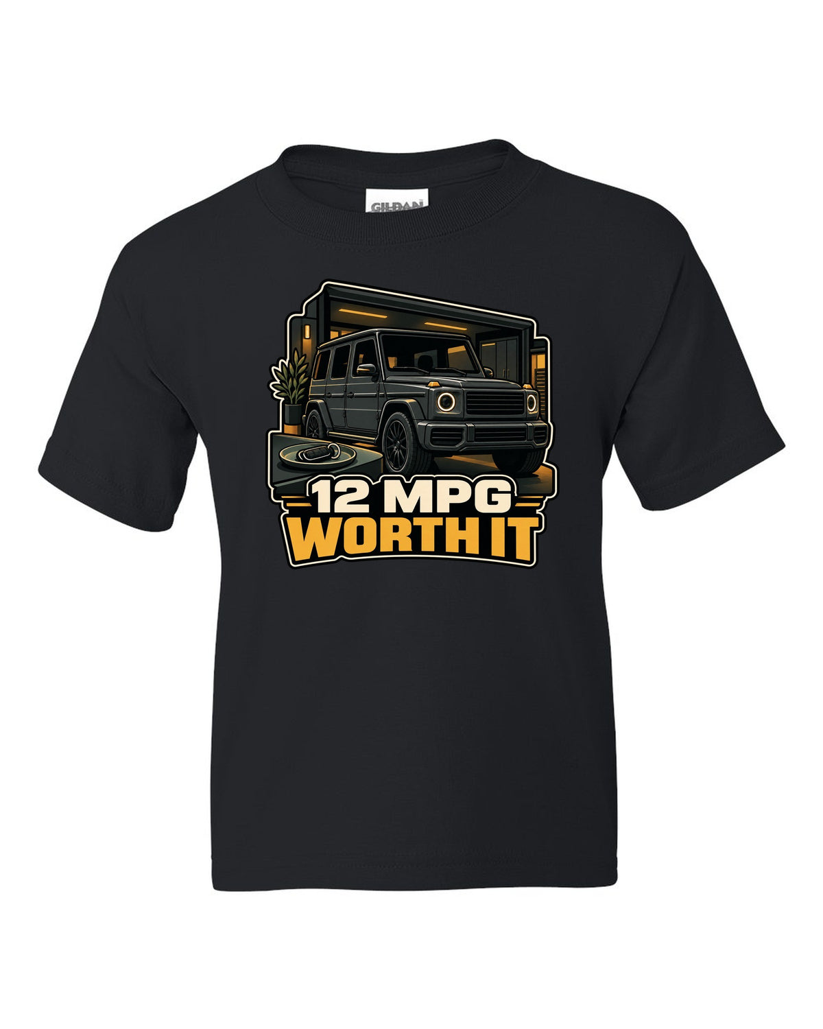 Army surplus stamp graphic reading Gelandewagen 1979 for the Mercedes G-Class W460, print black kids tee front view with the design