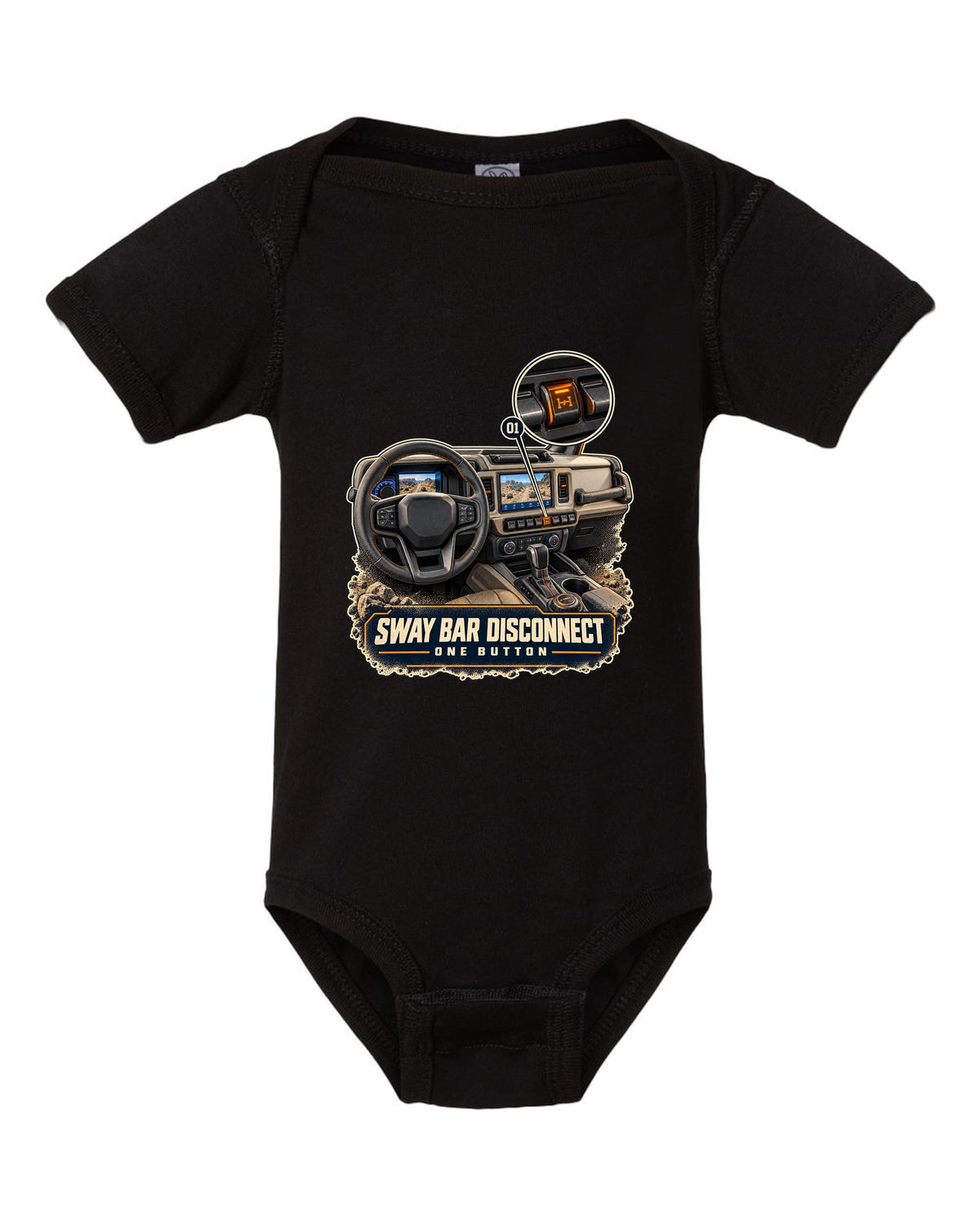 Ford Bronco Badlands dash with sway bar disconnect switch print black baby onesie front view with the design