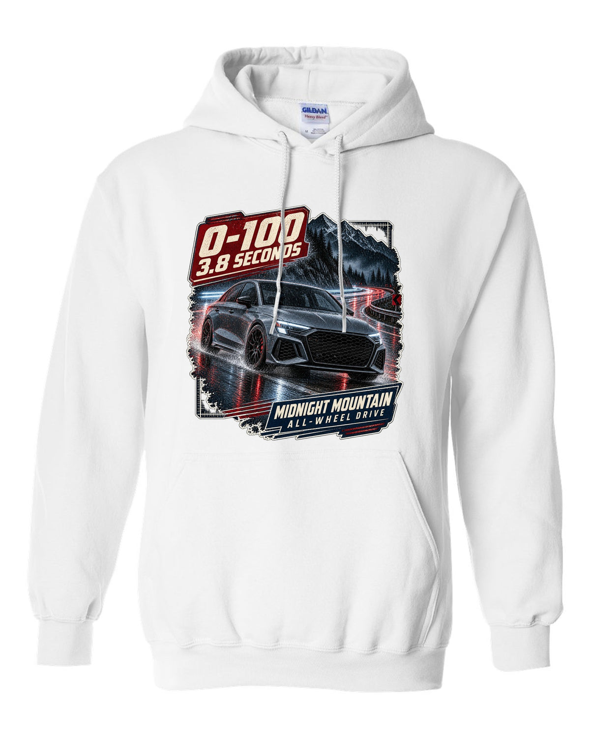 Audi RS3 8Y sedan on a night mountain road with 0-100 caption white pull over hoodie front view with the design