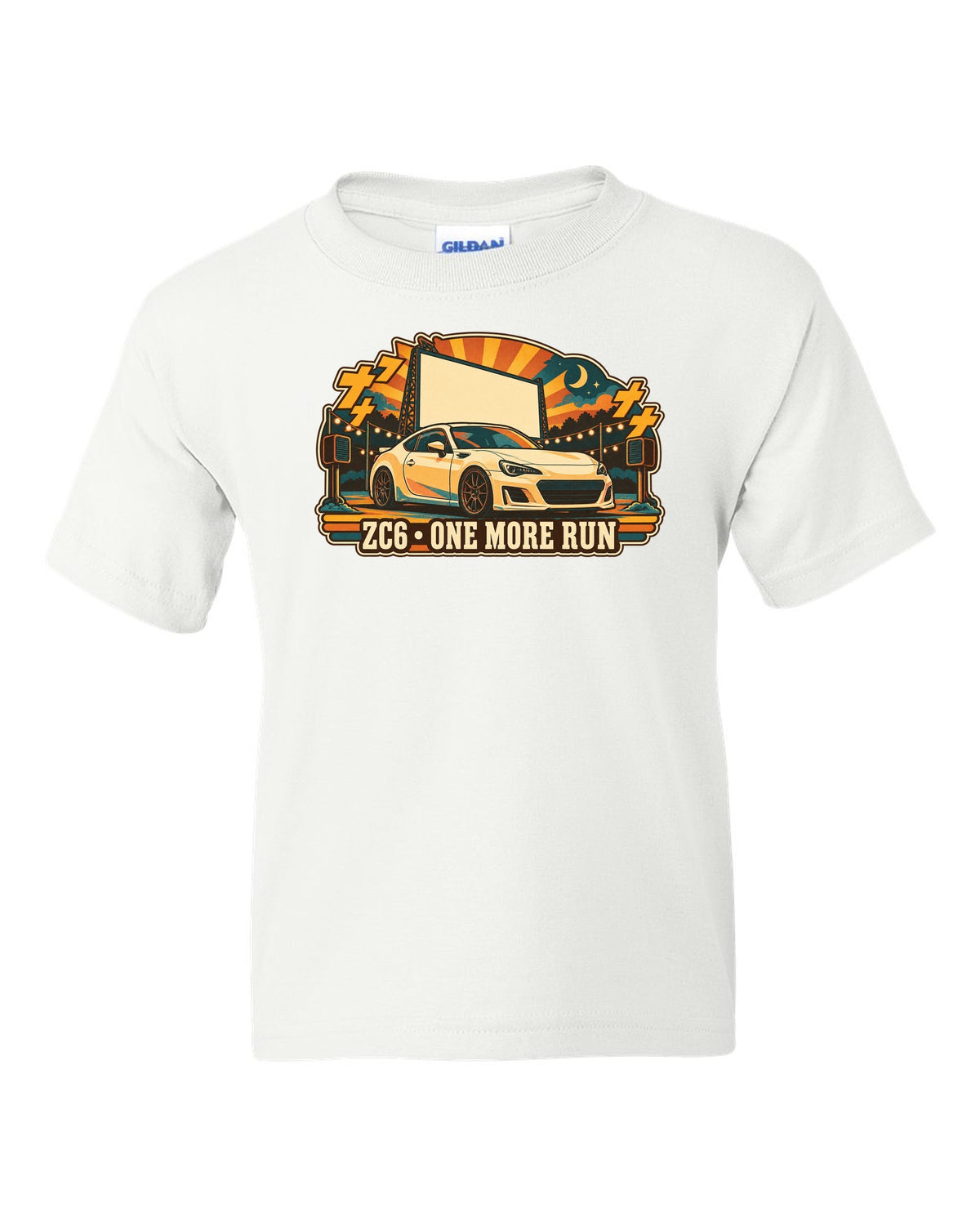 Subaru BRZ ZC6 in a retro Japanese showa catalogue ad style, ZC6 / ONE MORE RUN white kids tee front view with the design