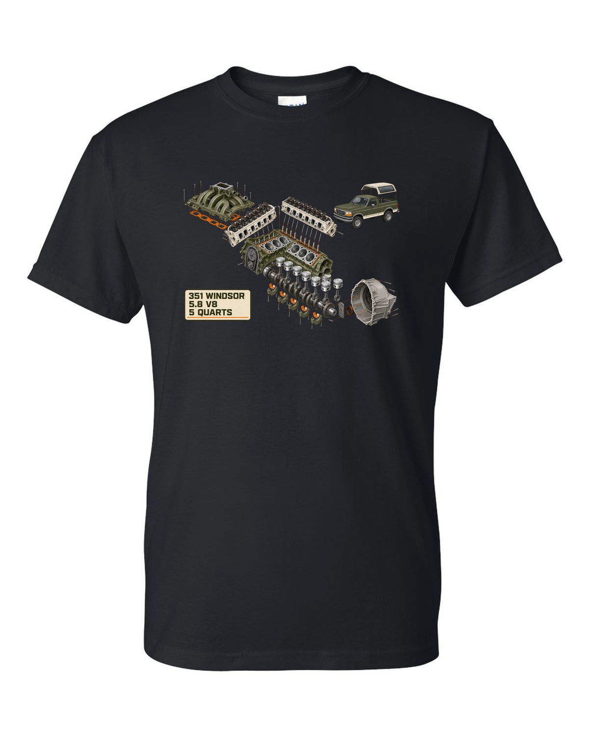 Exploded cutaway diagram of a 1992-96 Ford Bronco OBS engine bay with 351 WINDSOR 5.8 V8 notes black t-shirt front view with the design