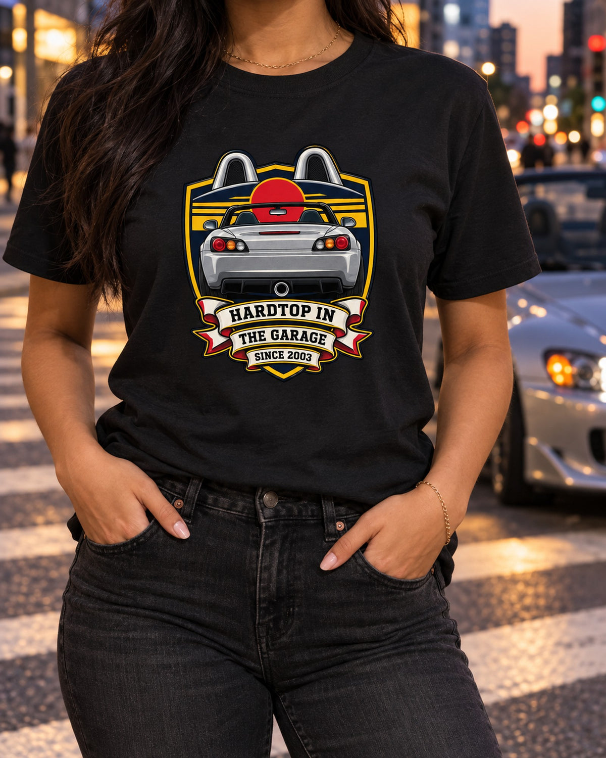 Honda S2000 AP1 Embroidery Patch Style Tee, Hardtop in Garage T-Shirt Black worn hero