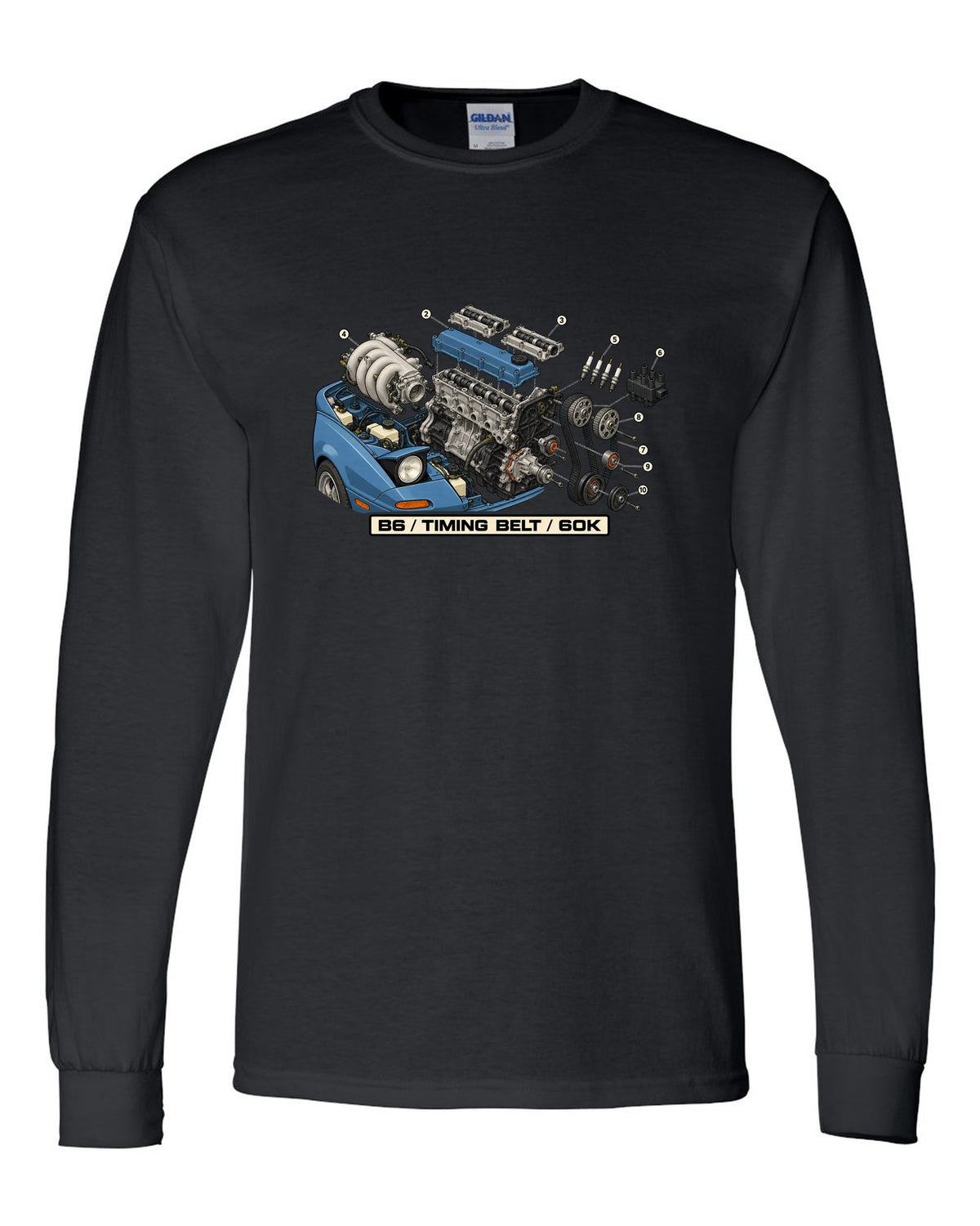 Exploded engine diagram print of a Mazda MX-5 NA B6 1.6L with timing belt 60K text black long sleeve front view with the design