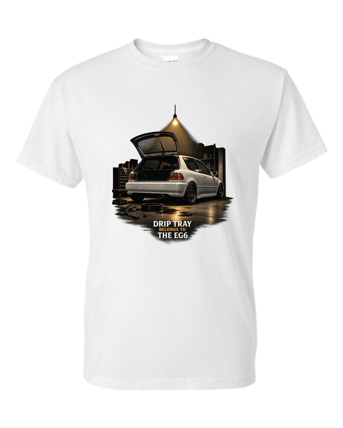 Garage night print of a 1993 Honda Civic EG6 SiR chback with drip tray text white t-shirt front view with the design