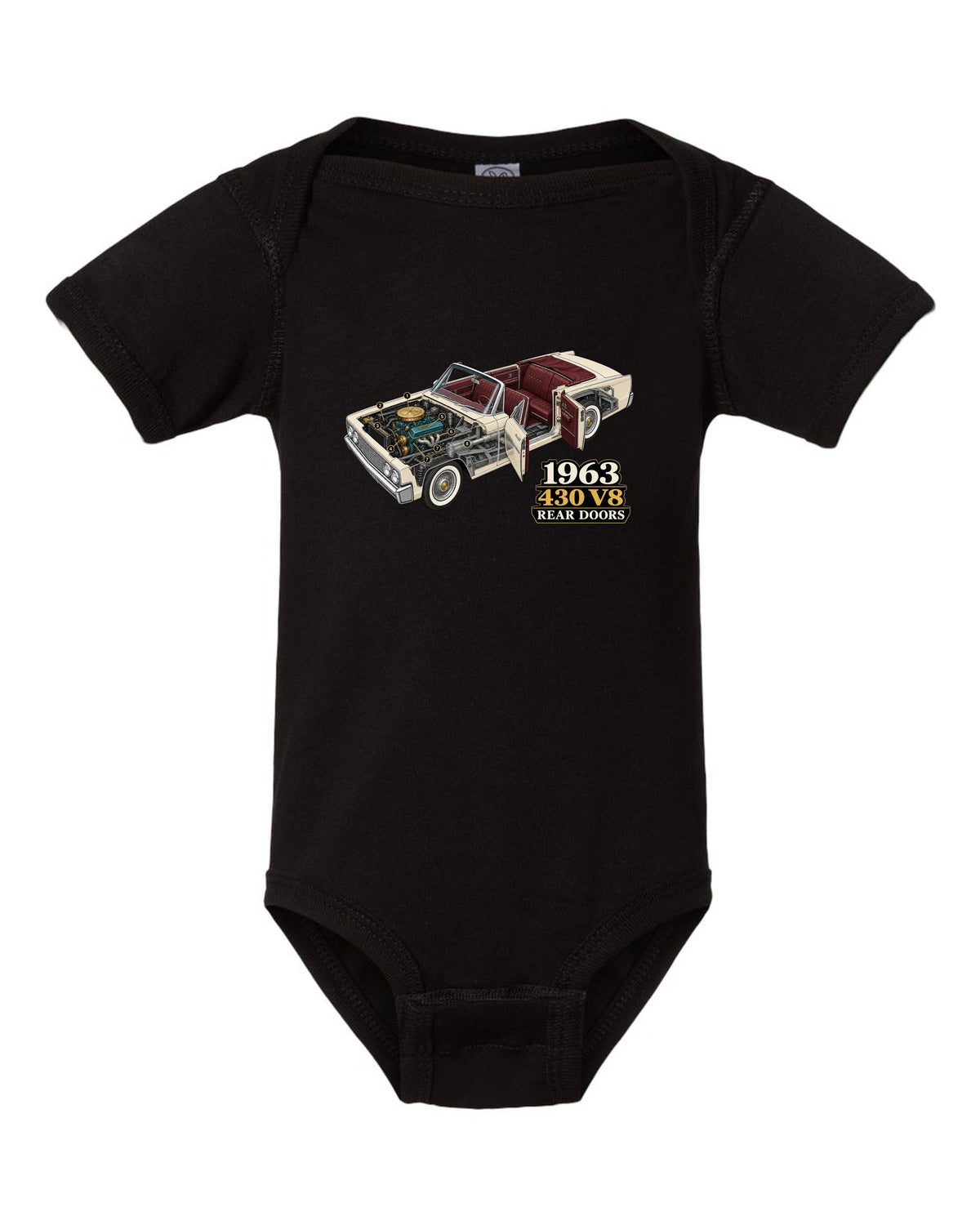 1963 Lincoln Continental four-door convertible isometric cutaway diagram black baby onesie front view with the design