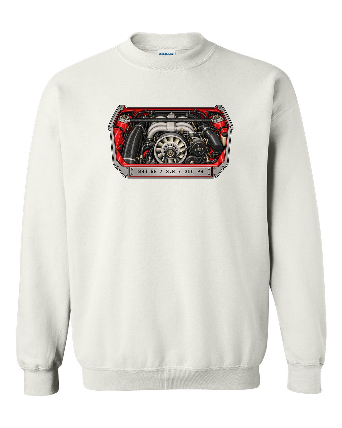 Porsche 901 topographic route map design with 1964 and 130 PS lettering white crewneck front view with the design