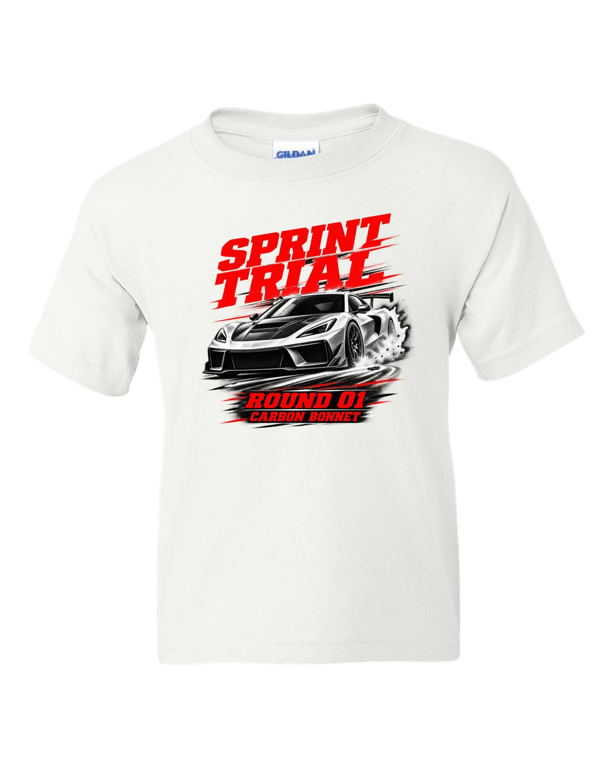 Honda NSX-R NA1 race poster design with sprint trial round 01 carbon bonnet text white kids tee front view with the design