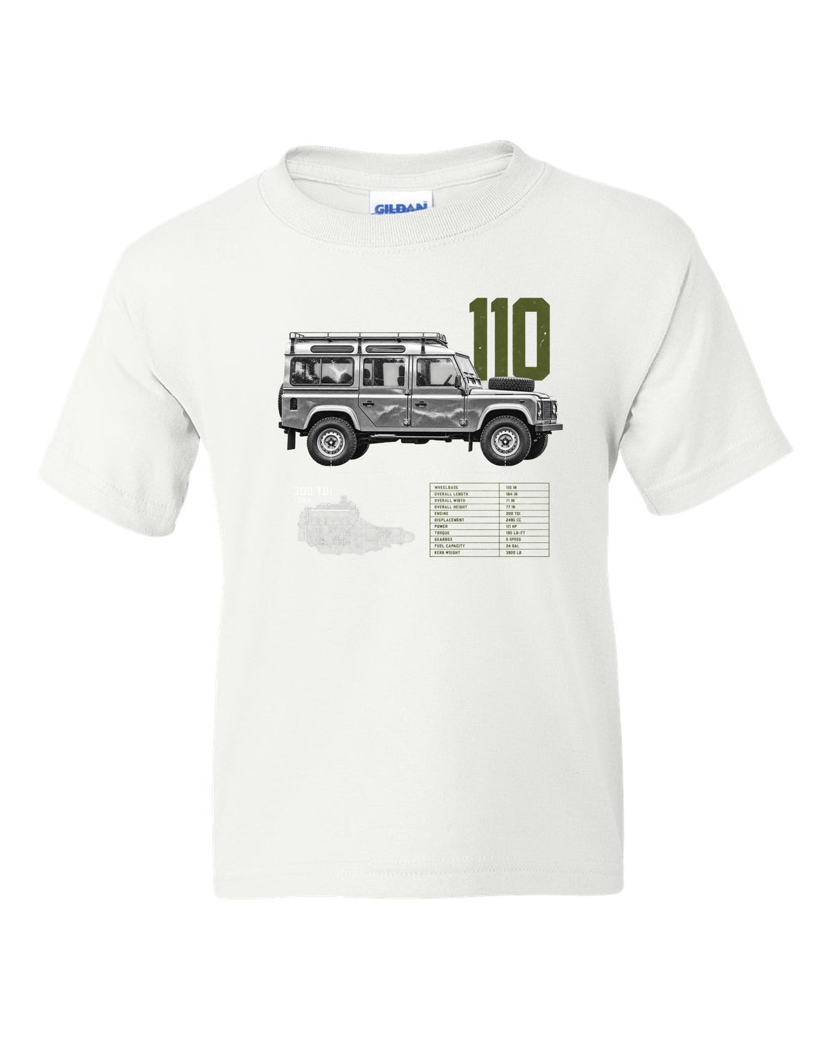 Land Rover Defender 110 spec poster print with 300 Tdi 1994 text white kids tee front view with the design