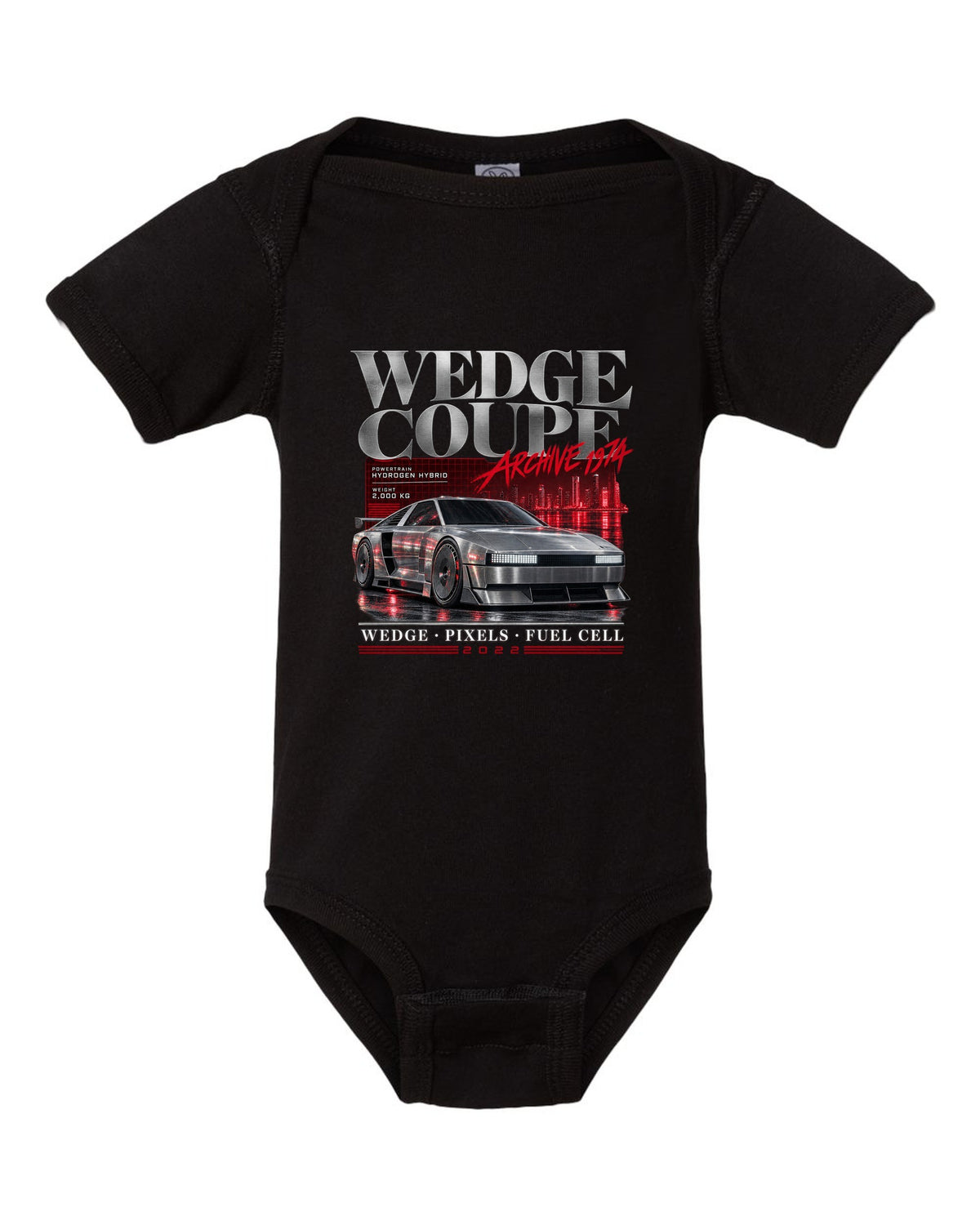 Hyundai N Vision 74 archive panel print with wedge coupe and hydrogen hybrid text black baby onesie front view with the design