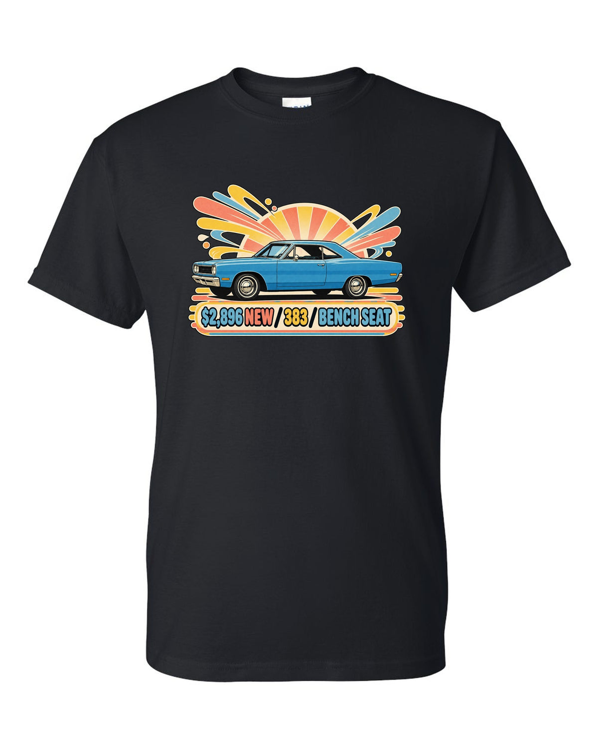 Retro Japanese showa catalogue ad of a 1968 Plymouth Road Runner with price 383 and bench seat text black t-shirt front view with the design