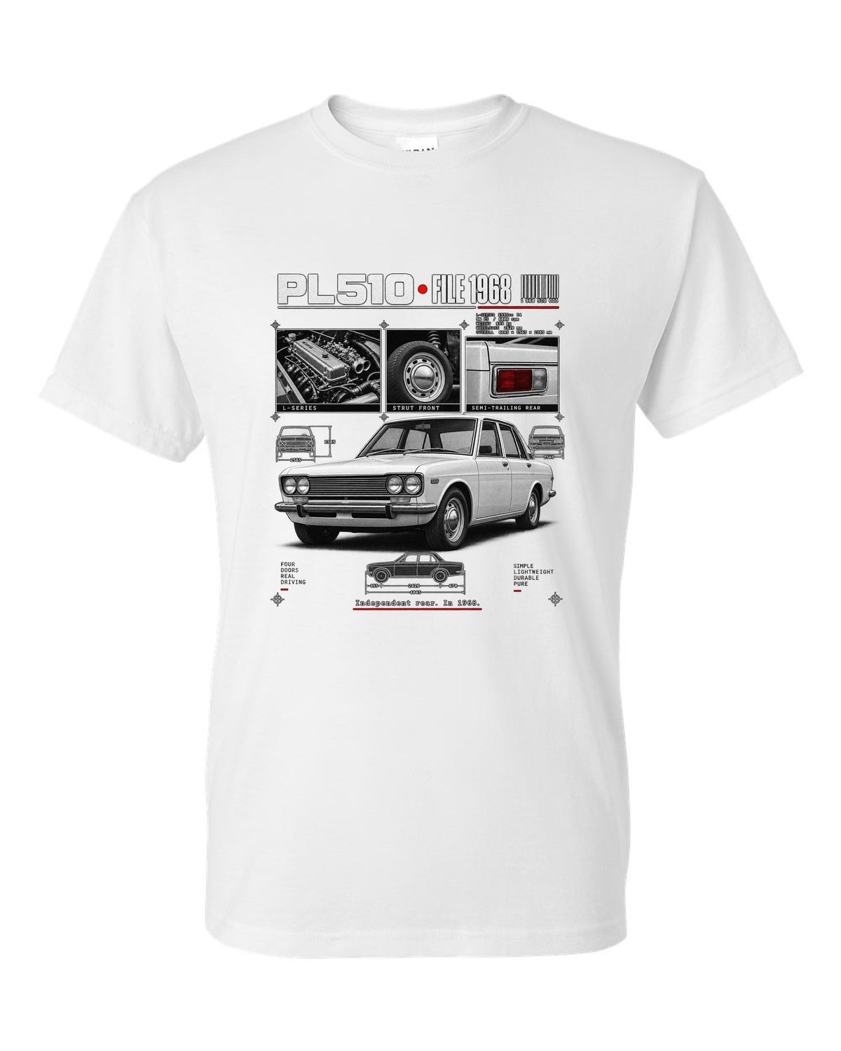 Dossier panel print of a Datsun PL510 sedan and wagon with suspension notes white t-shirt front view with the design