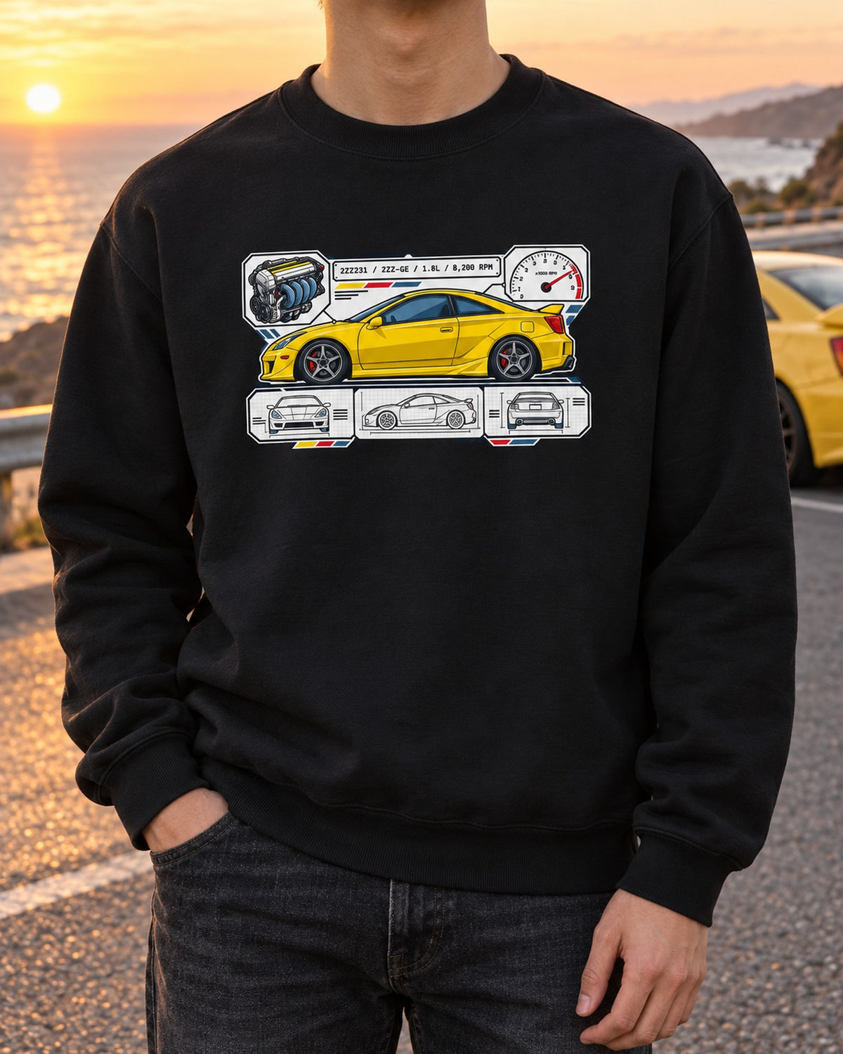 Toyota Celica ZZT231 2ZZ-GE Spec Sheet Data Plate Shirt Crewneck Black worn hero