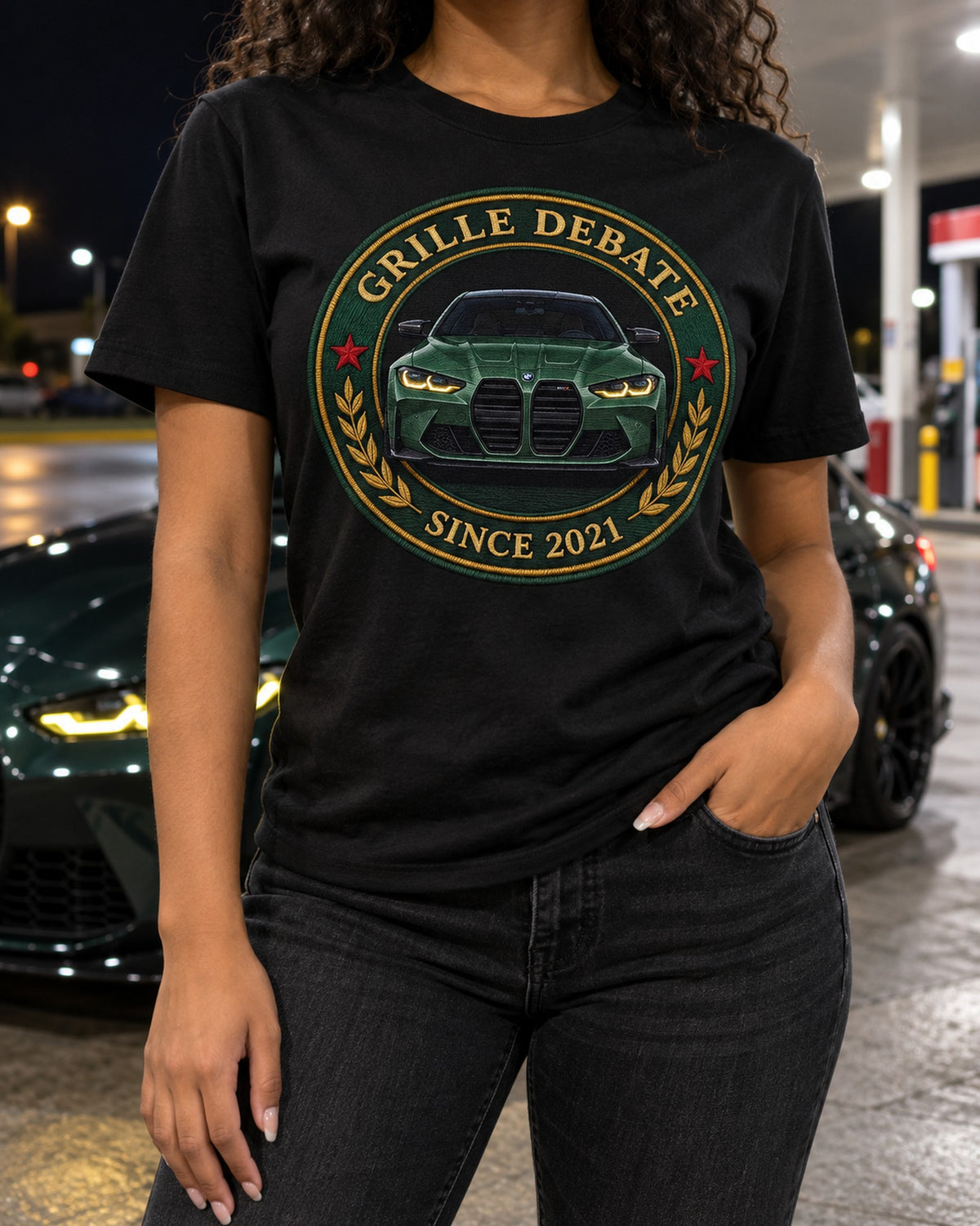 BMW G80 M3 Kidney Crest Tee, Since 2021 Grille Debate T-Shirt Black worn hero