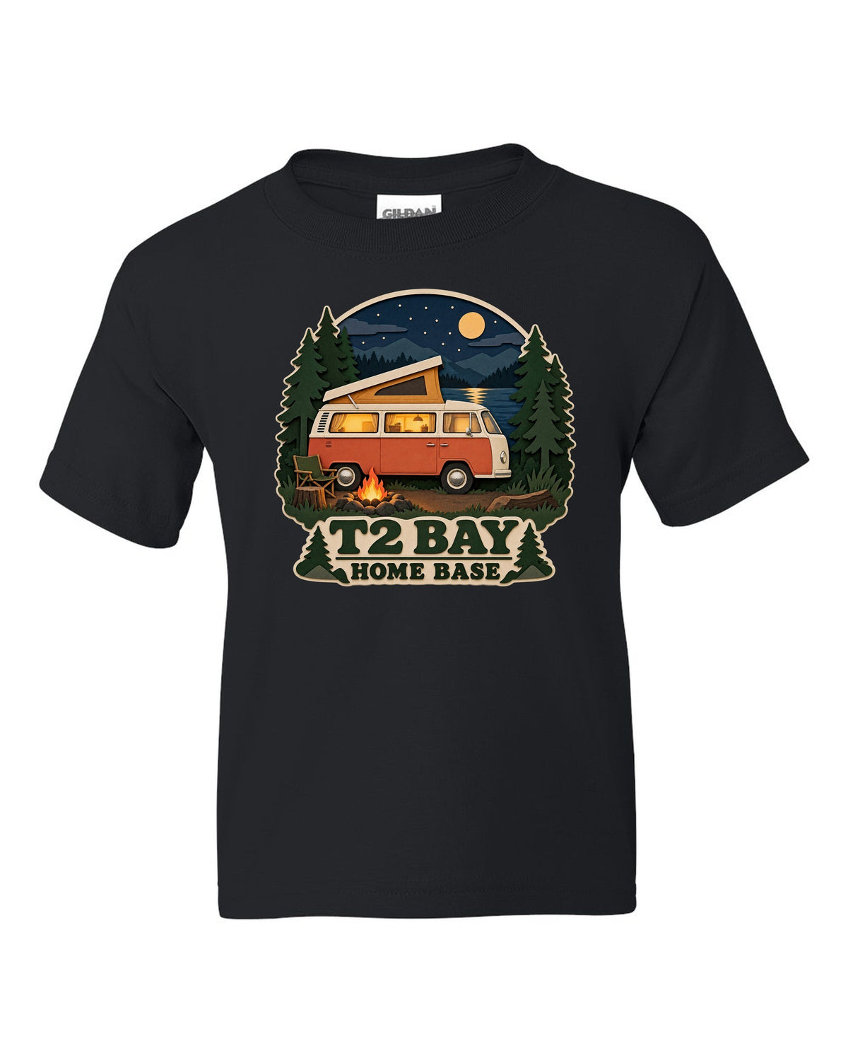 Layered paper-cutout shadow box print of a VW Bus T2 bay-window at a night camp black kids tee front view with the design