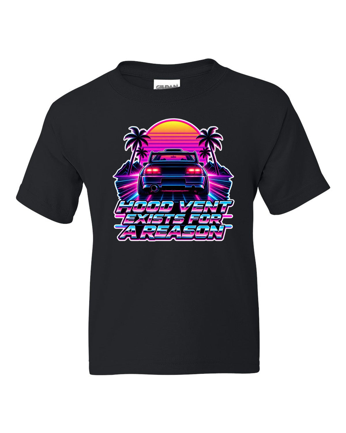 Synthwave outrun illustration of a Toyota Celica GT-Four ST205 with hood vent lettering black kids tee front view with the design