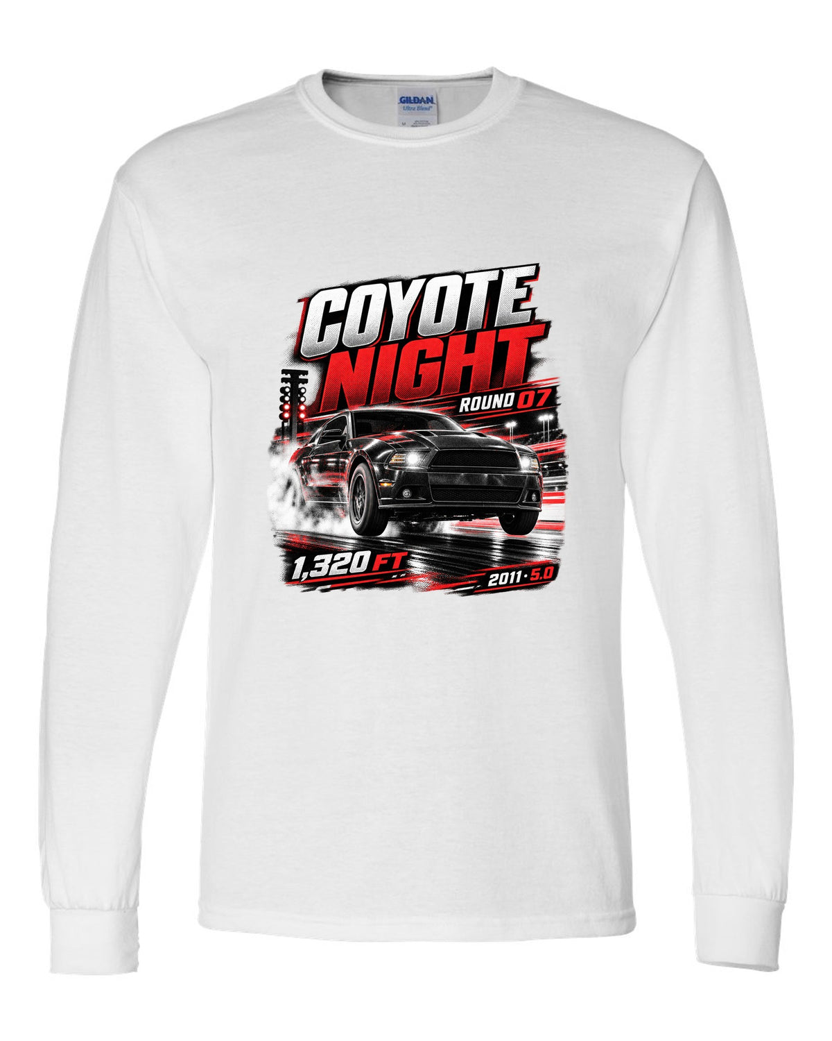 Night race poster print of a 2011 Ford Mustang S197 GT 5.0 white long sleeve front view with the design
