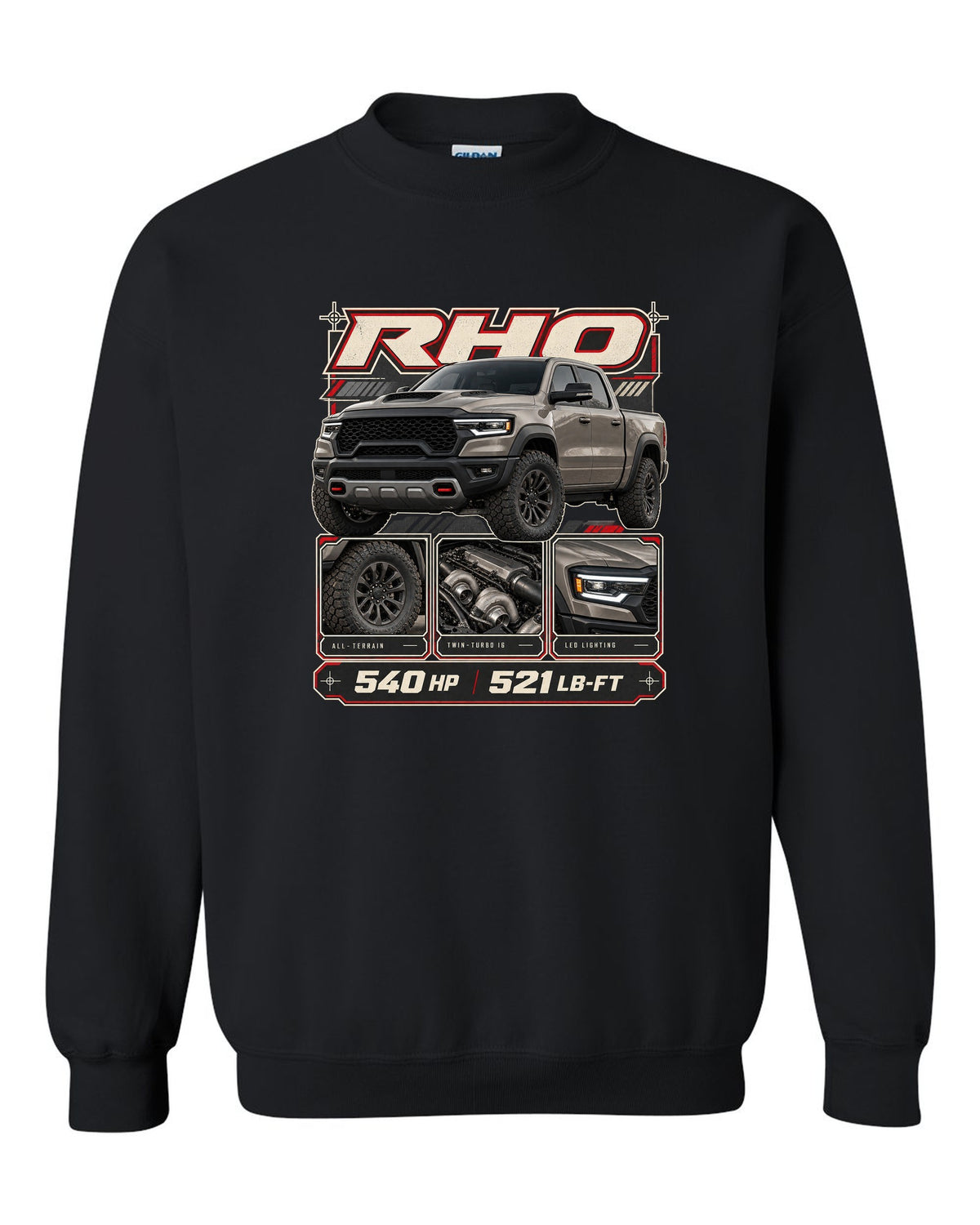Ram 1500 RHO 2025 dossier panels with horsepower and torque print black crewneck front view with the design
