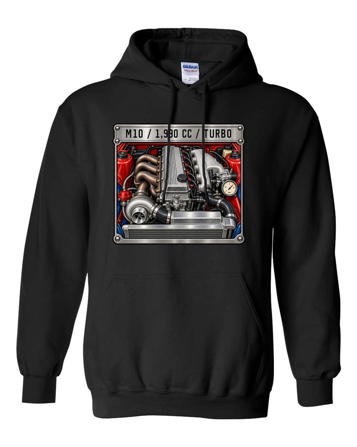 BMW 2002 turbo M10 engine spec data plate print with 1,990 cc text black pull over hoodie front view with the design