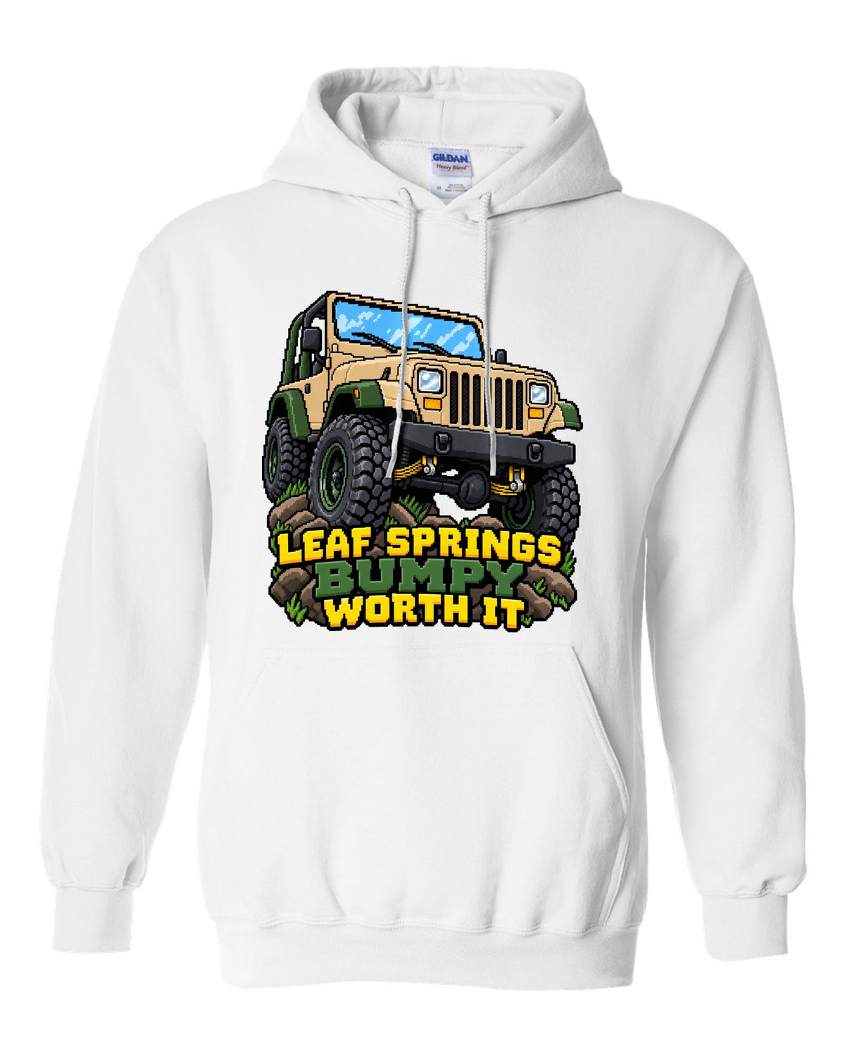 16-bit pixel art illustration of a Jeep Wrangler YJ with LEAF SPRINGS BUMPY WORTH IT lettering white pull over hoodie front view with the design