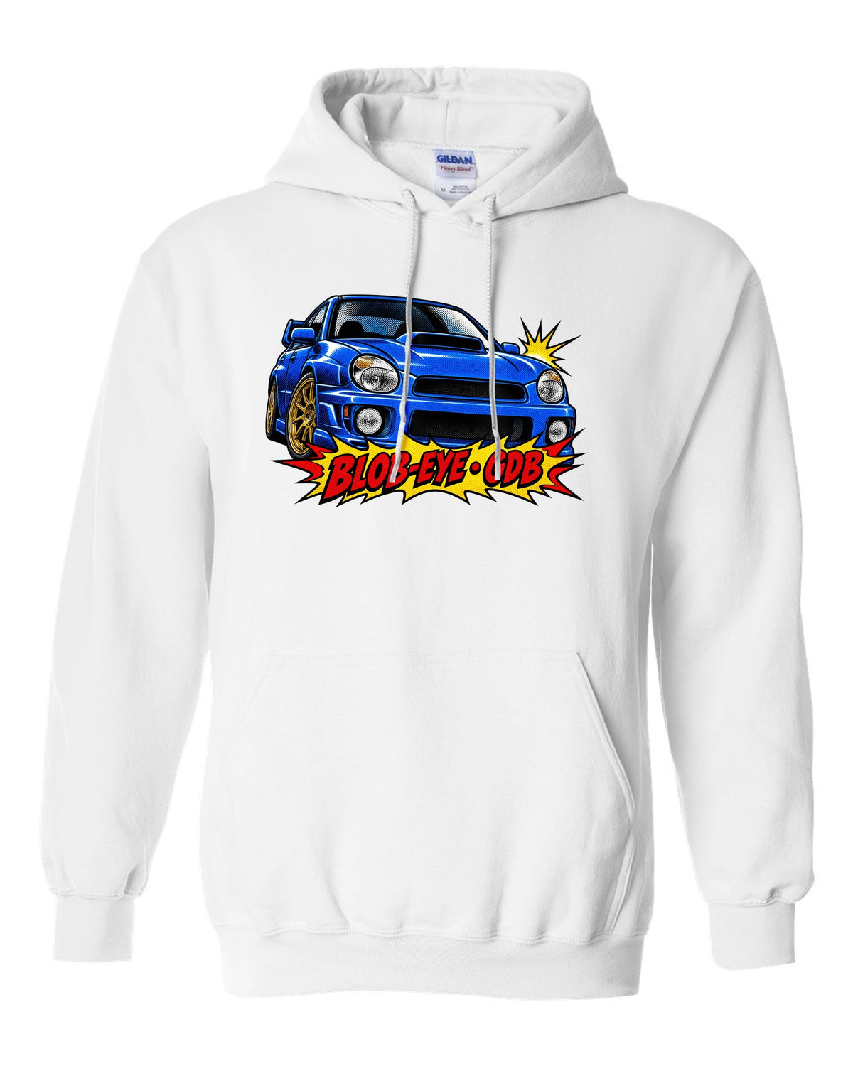 Halftone pop-art print of a Subaru Impreza WRX STI GDB with blob-eye GDB lettering white pull over hoodie front view with the design