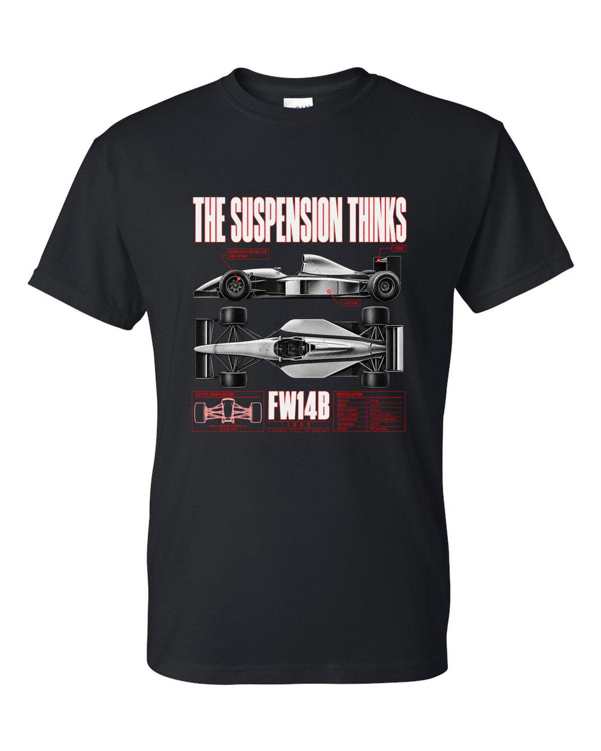 Williams FW14B spec poster print with active ride and V10 text black t-shirt front view with the design