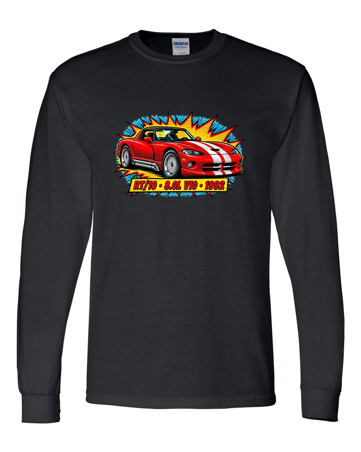 Comic halftone pop-art print of a 1992 Dodge Viper RT/10 with 8.0L V10 text black long sleeve front view with the design