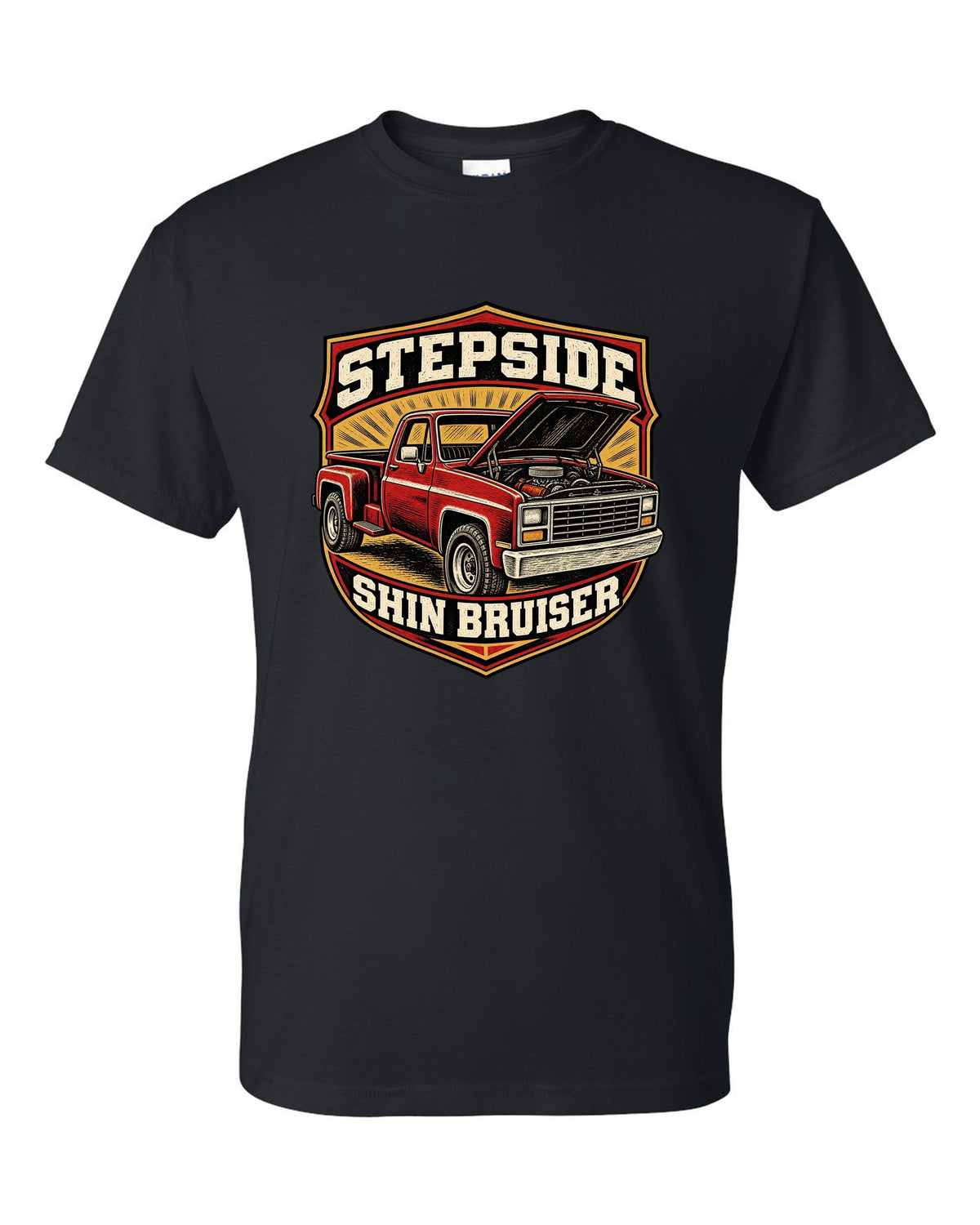 Linocut woodcut print of a 1973-87 Chevrolet C10 Squarebody Stepside with hood up and shin bruiser text black t-shirt front view with the design