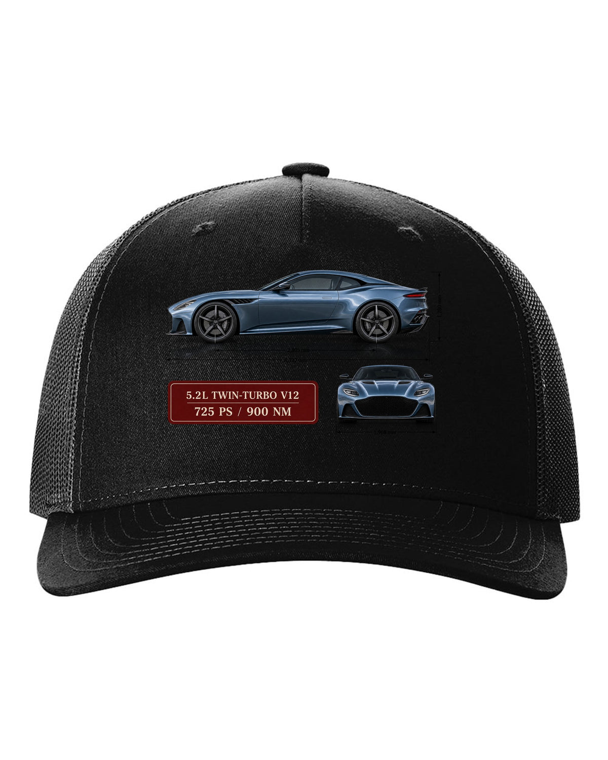 Aston Martin DBS Superleggera 2018 spec sheet print with 5.2L V12 725 PS 900 Nm black hat front view with the design