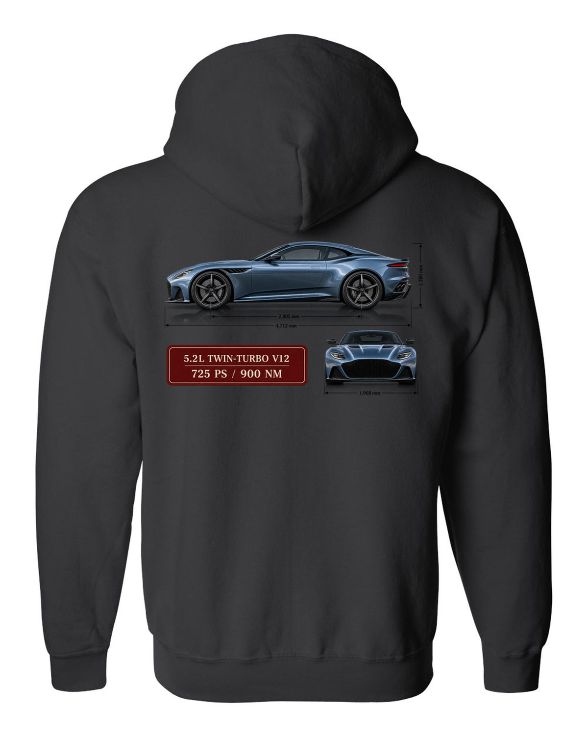 Aston Martin DBS Superleggera 2018 spec sheet print with 5.2L V12 725 PS 900 Nm black zip hoodie back view with the design
