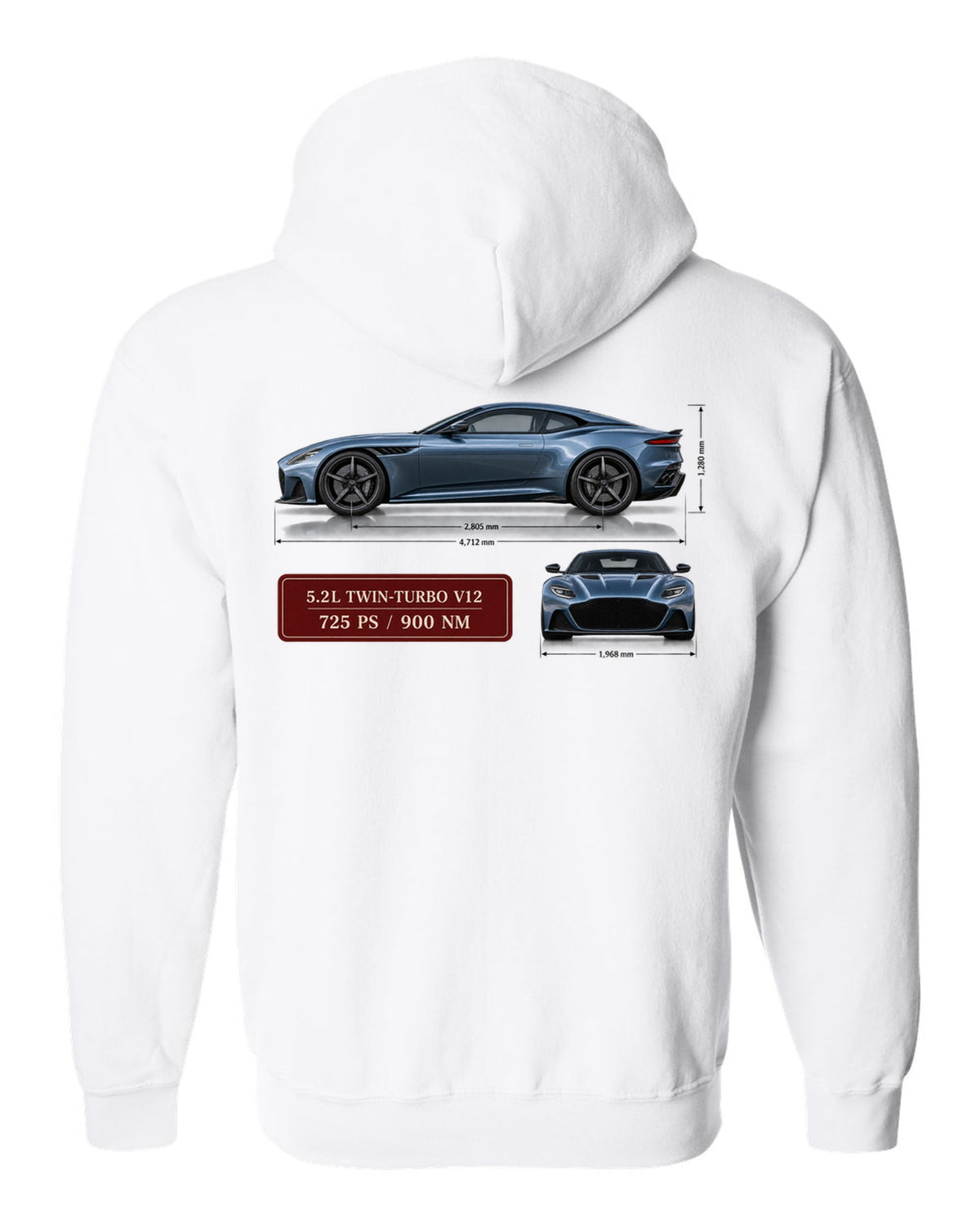 Aston Martin DBS Superleggera 2018 spec sheet print with 5.2L V12 725 PS 900 Nm white zip hoodie back view with the design