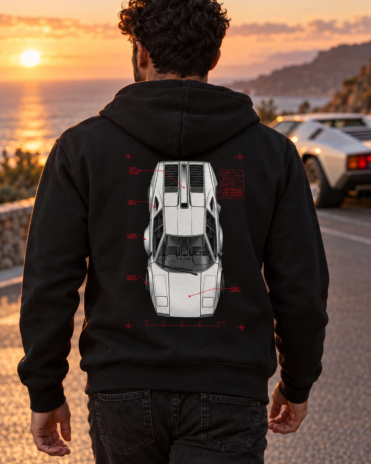 Countach LP400 Spec Plan Shirt, 4.0 V12 375 PS Car Tee Zip Hoodie Black worn hero