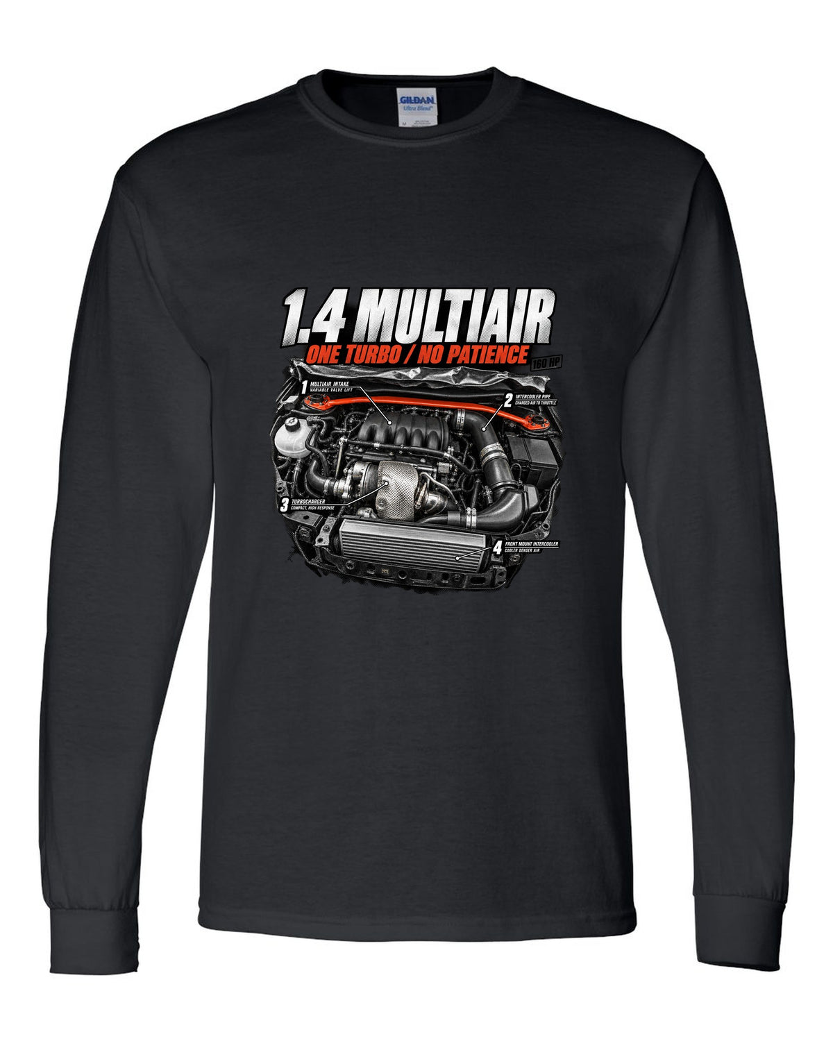 Engine hero print of the Fiat 500 Abarth 1.4 MultiAir turbo with 160 HP text black long sleeve front view with the design