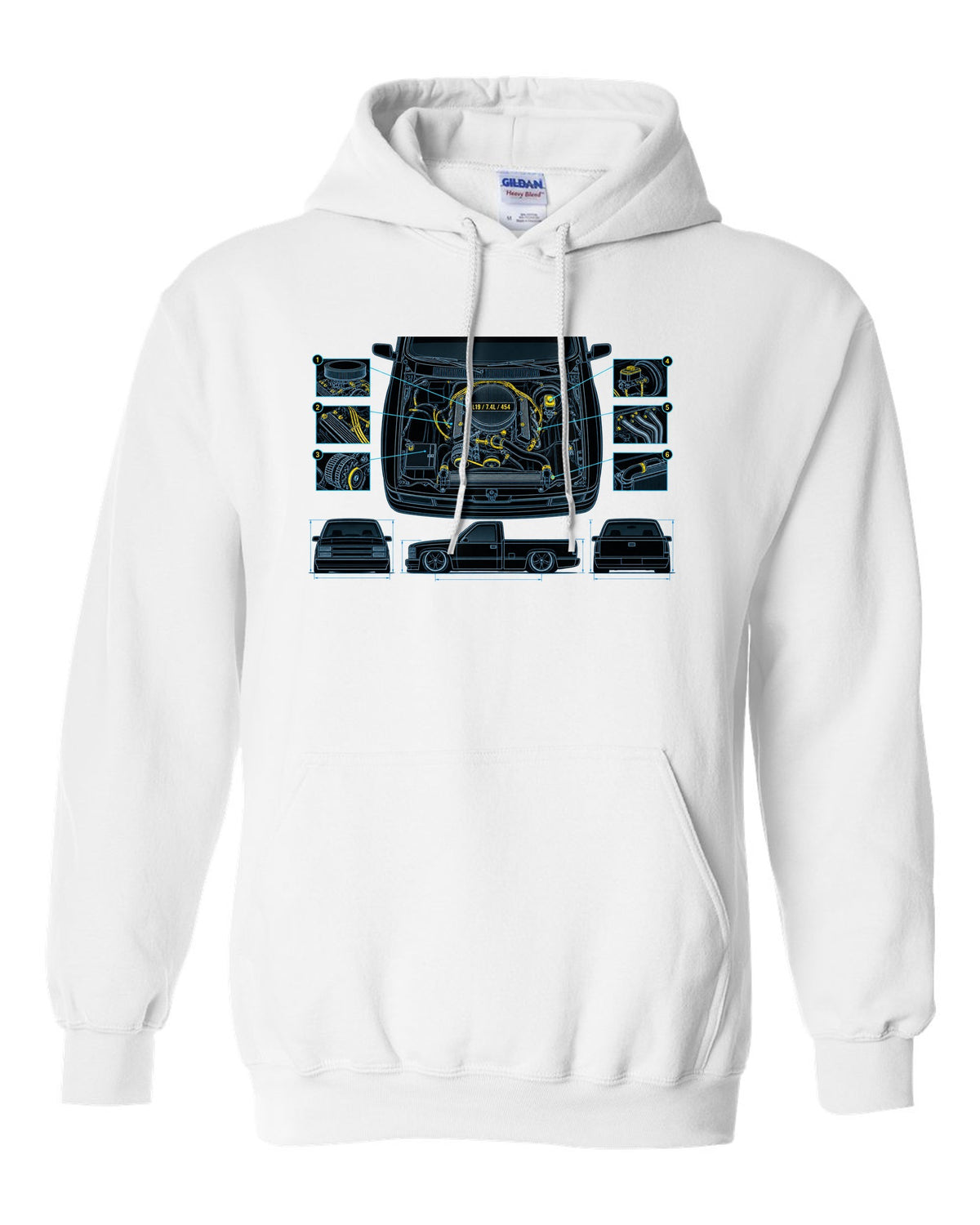 Technical blueprint print of the engine bay on a 1990-93 Chevrolet 454 SS pickup with L19 7.4L 454 text white pull over hoodie front view with the design