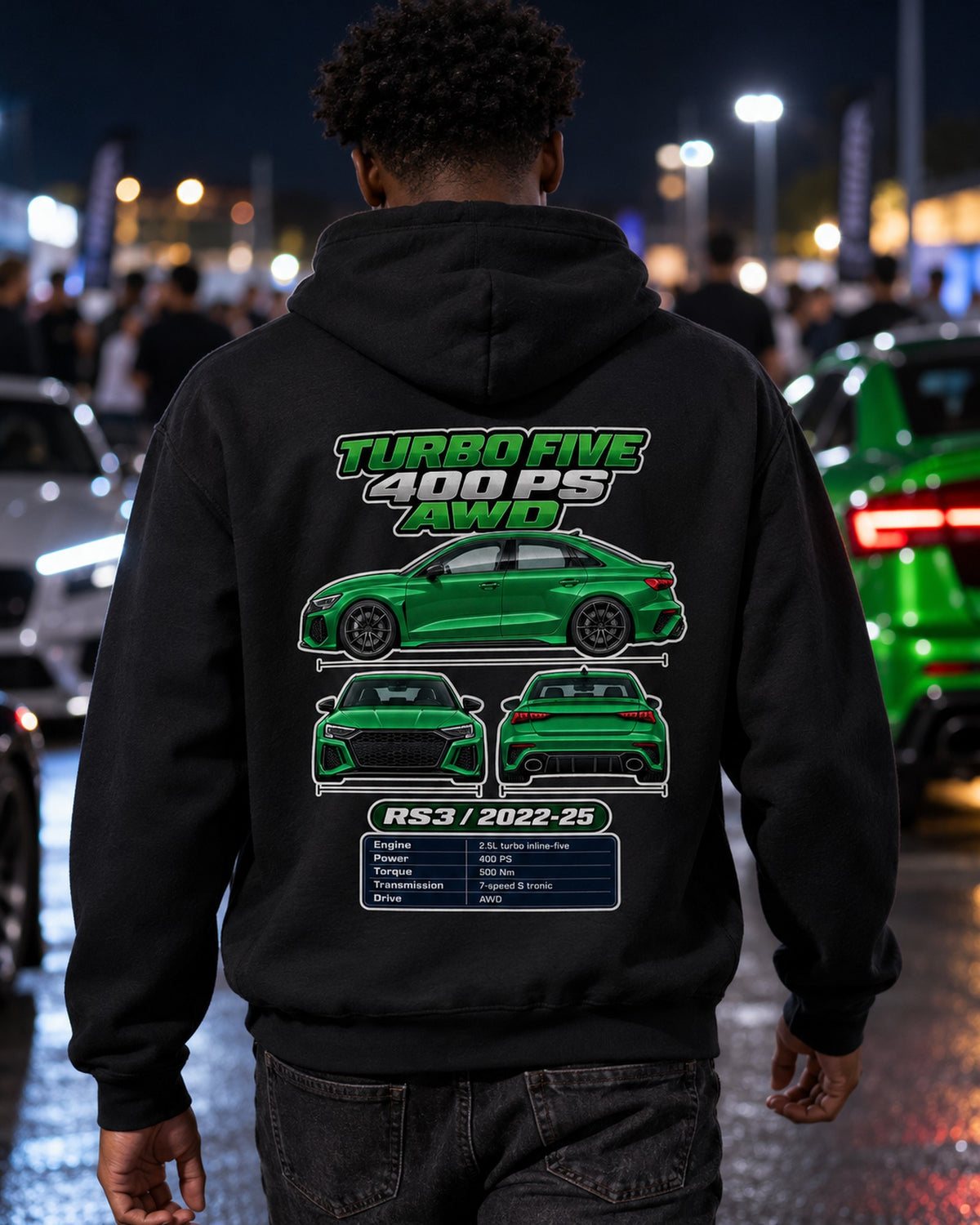 Audi Rs3 Sedan 8Y Spec Sheet Full-Back Graphic Tee Pull Over Hoodie Black worn hero