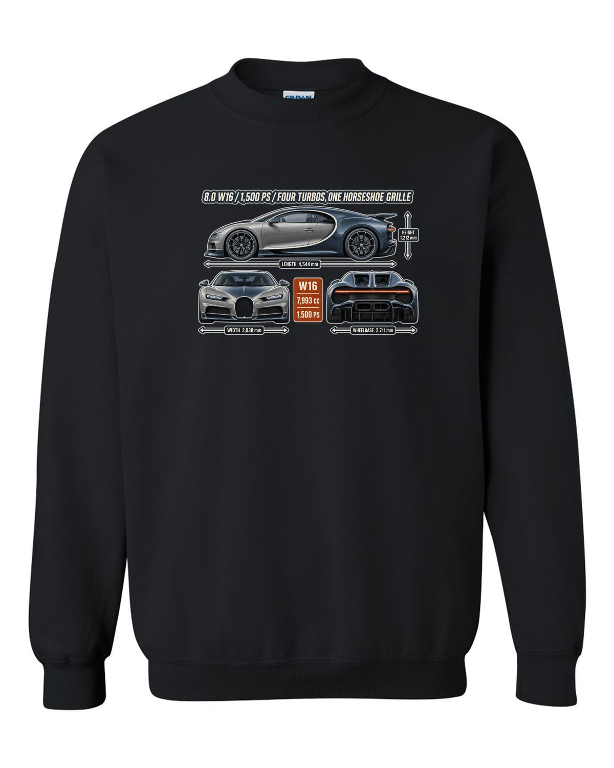 print three-view drawing with spec table of a Bugatti Chiron in slate blue black crewneck front view with the design