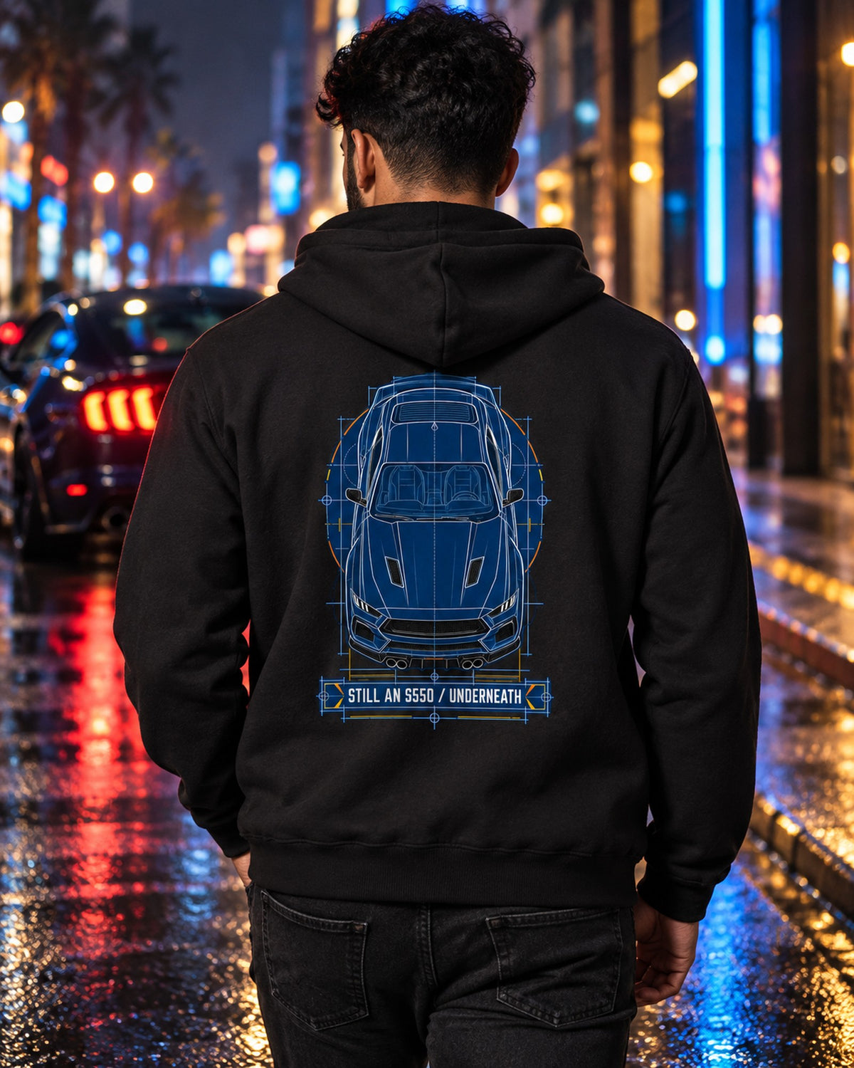 S650 Mustang Cyanotype Blueprint Shirt, Still An S550 Underneath Zip Hoodie Black worn hero