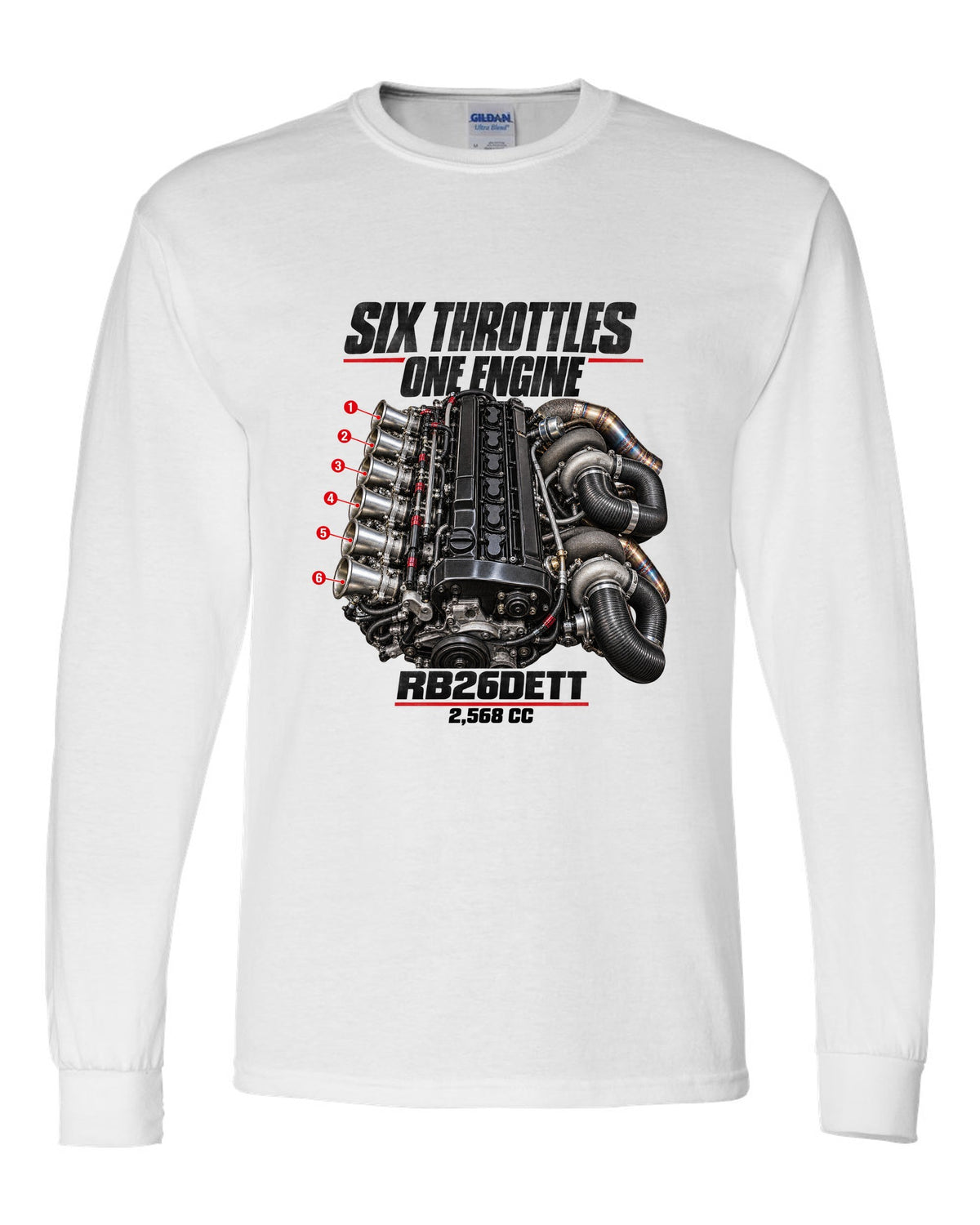 print of the RB26DETT six-throttle engine from the Nissan Skyline GT-R R32 white long sleeve front view with the design