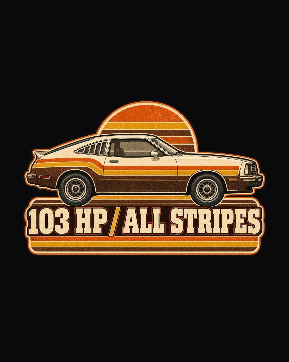 Ford Mustang II Fastback 1976 Stripe Poster Shirt, 103 HP design only