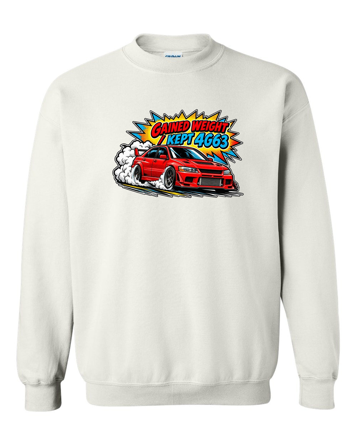 Comic halftone pop-art launch print of the Mitsubishi Evo VII CT9A with gained weight kept 4G63 text white crewneck front view with the design