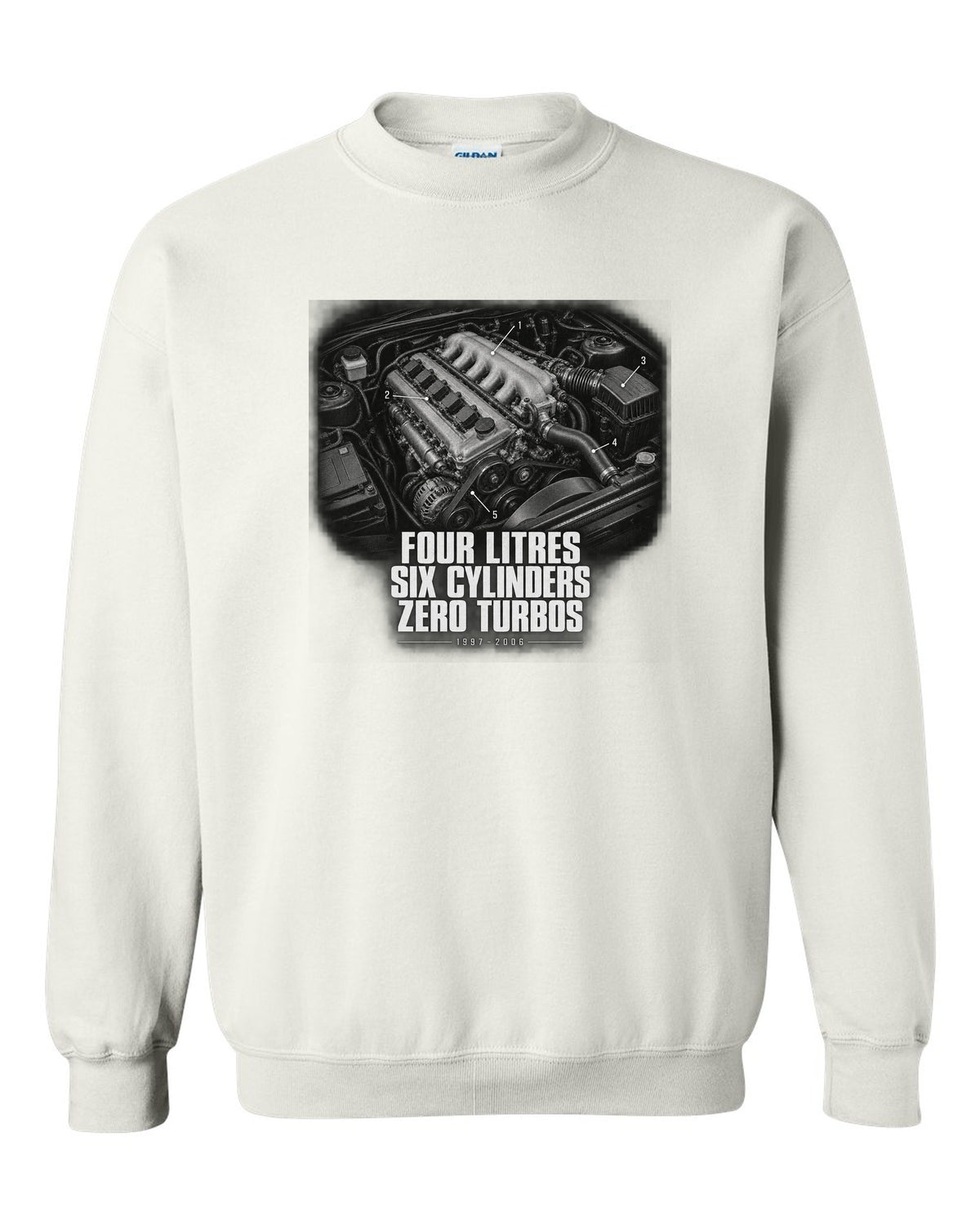 Engine hero print for the Jeep Wrangler TJ, Four Litres Six Cylinders Zero Turbos white crewneck front view with the design